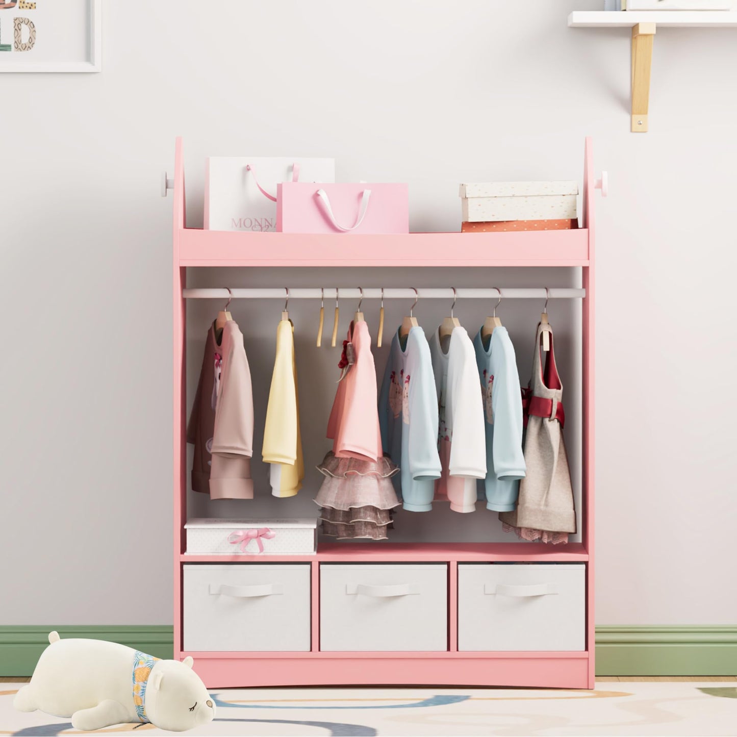 Children's Clothes Rack with Mirror, Clothes Rail with Shelves, Children's Wardrobe Wood, Children's Shelf for Children's Room, 81 x 28 x 106.5 cm (Clouds with 2 Drawers, White)