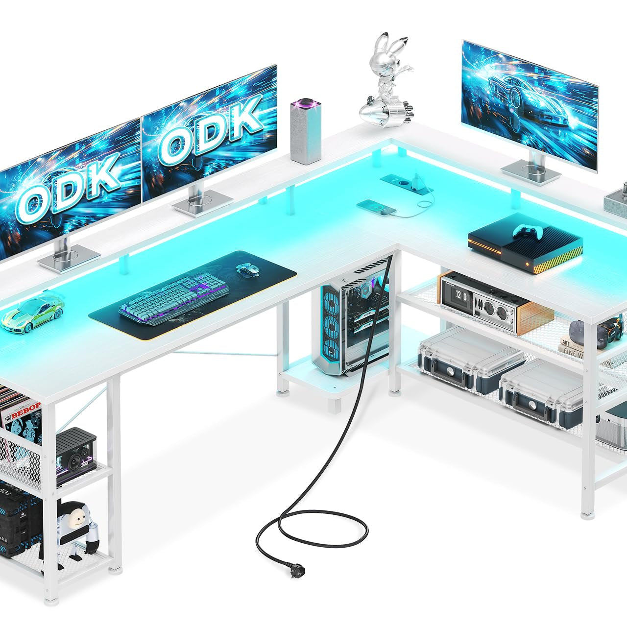 ODK Gaming Table with LED, Reversible Gaming Desk with 2 Sockets and 2 USB Charging Ports, Large Corner Desk with Mesh Shelf, Carbon Fibre Black, 168 x 120 cm