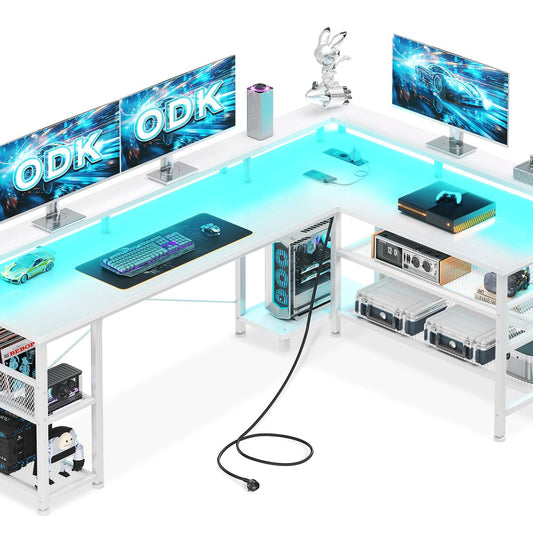 ODK Gaming Table with LED, Reversible Gaming Desk with 2 Sockets and 2 USB Charging Ports, Large Corner Desk with Mesh Shelf, Carbon Fibre Black, 168 x 120 cm