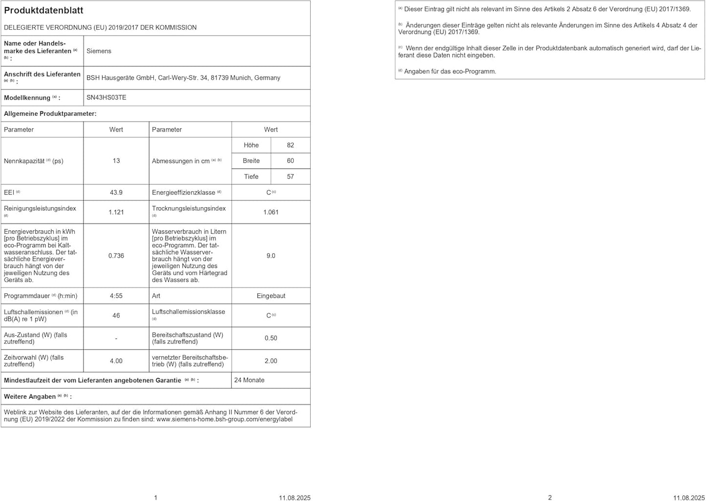 Siemens SN43HS03TE iQ300, Dishwasher Undermount 60 cm, Cutlery Basket, Confirmed Hygiene Performance, SmartStart, Upper Basket Height Adjustable, VarioSpeed, Program Assistant, aquaStop, Brushed Steel