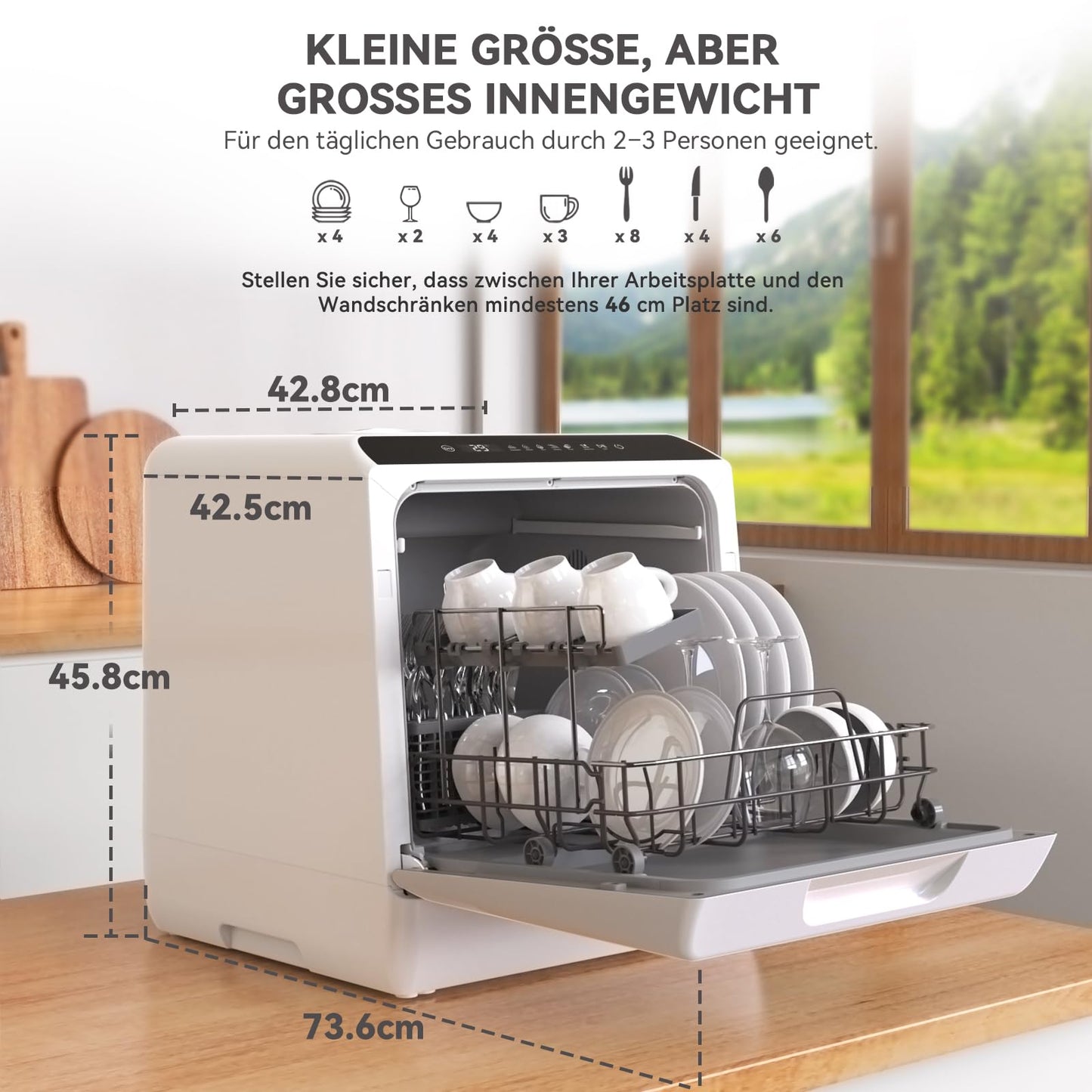 Hermitlux Tischgeschirrspüler, mini spülmaschine mit 7+3 Programme, 5 Maßgedecken, 5L Wassertank, Startverzögerung und Kindersicherung