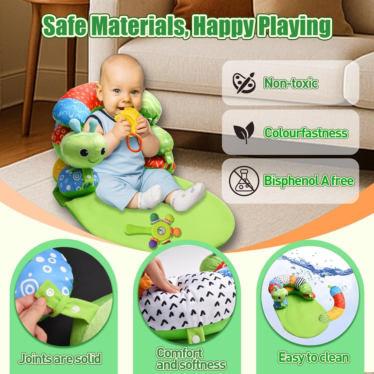 Charmofun Tummy Time Toys Spielkissen, 3 in 1 Bauchlage Spielzeug Baby, Abnehmbar Raupe für Baby, Bauchlage Helfen Sitzen Stützen Babyspielzeug 3 6 9 Monate mit Rassel, Beißring, Spiegel