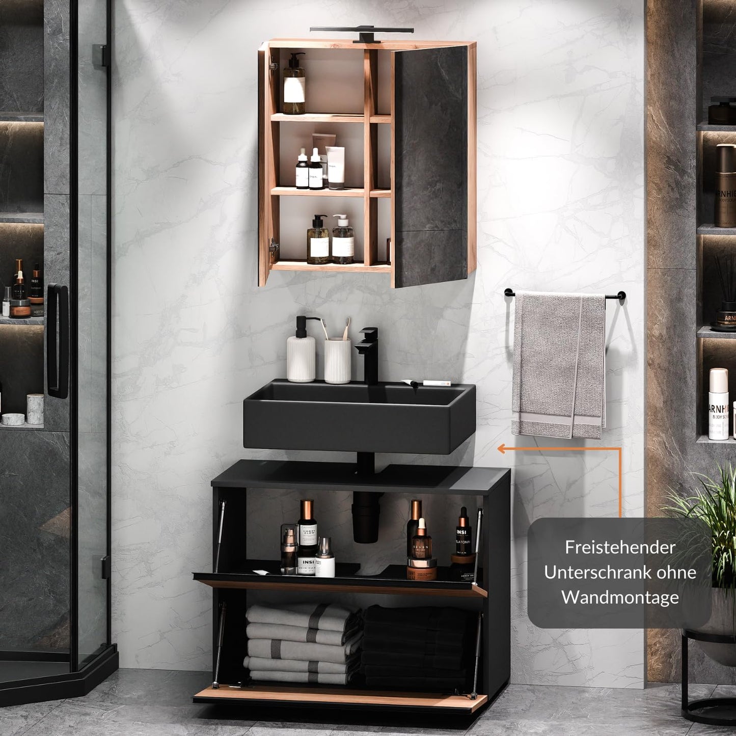 Planetmöbel EDA 80 cm Vanity Unit, Vanity Unit, Bathroom Cabinet for Guest Toilet and Bathroom, Anthracite/Gold Oak