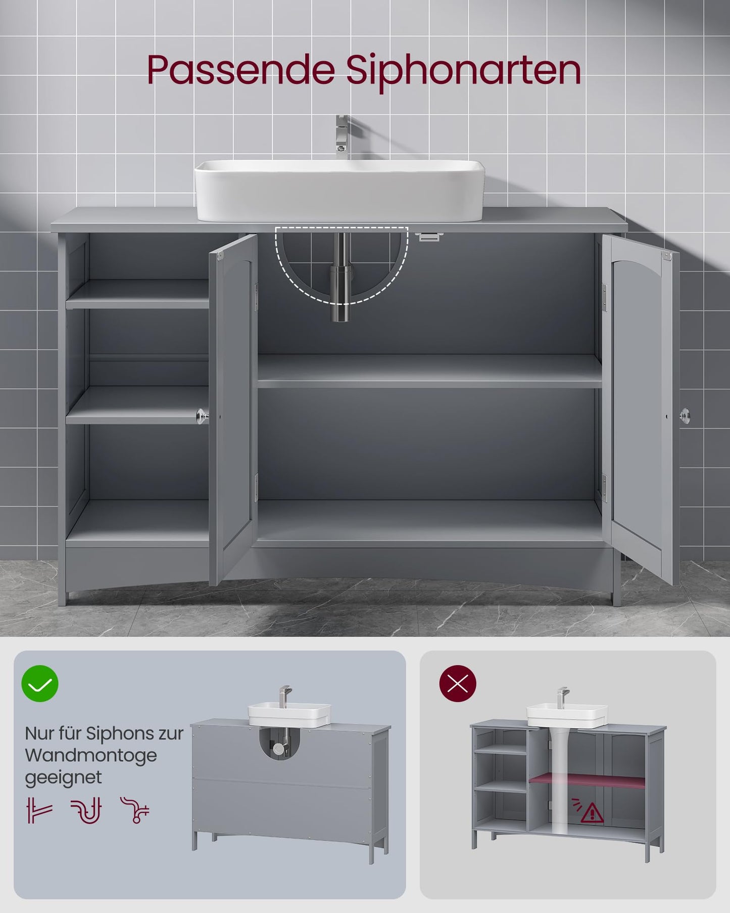 VASAGLE BBC410P31 Vanity Unit Extra Long 30 x 90 x 60 cm 2 Doors Bathroom Cabinet Open Compartments Height Adjustable Shelves White