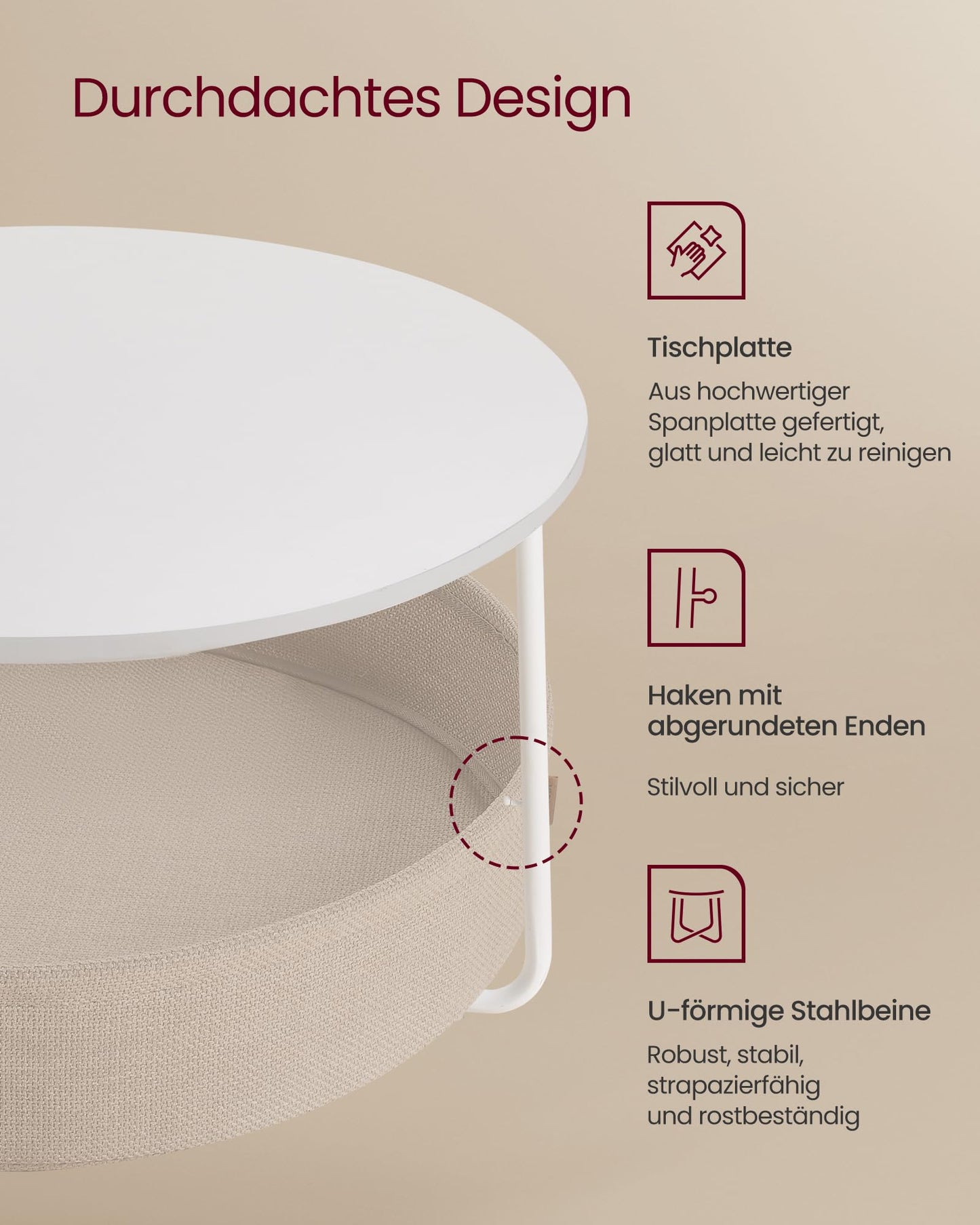 VASAGLE LCT244W10 Round Coffee Table with Storage Space Side Table Living Room Table with Fabric Basket Modern Metal Frame Matt White Camel Brown