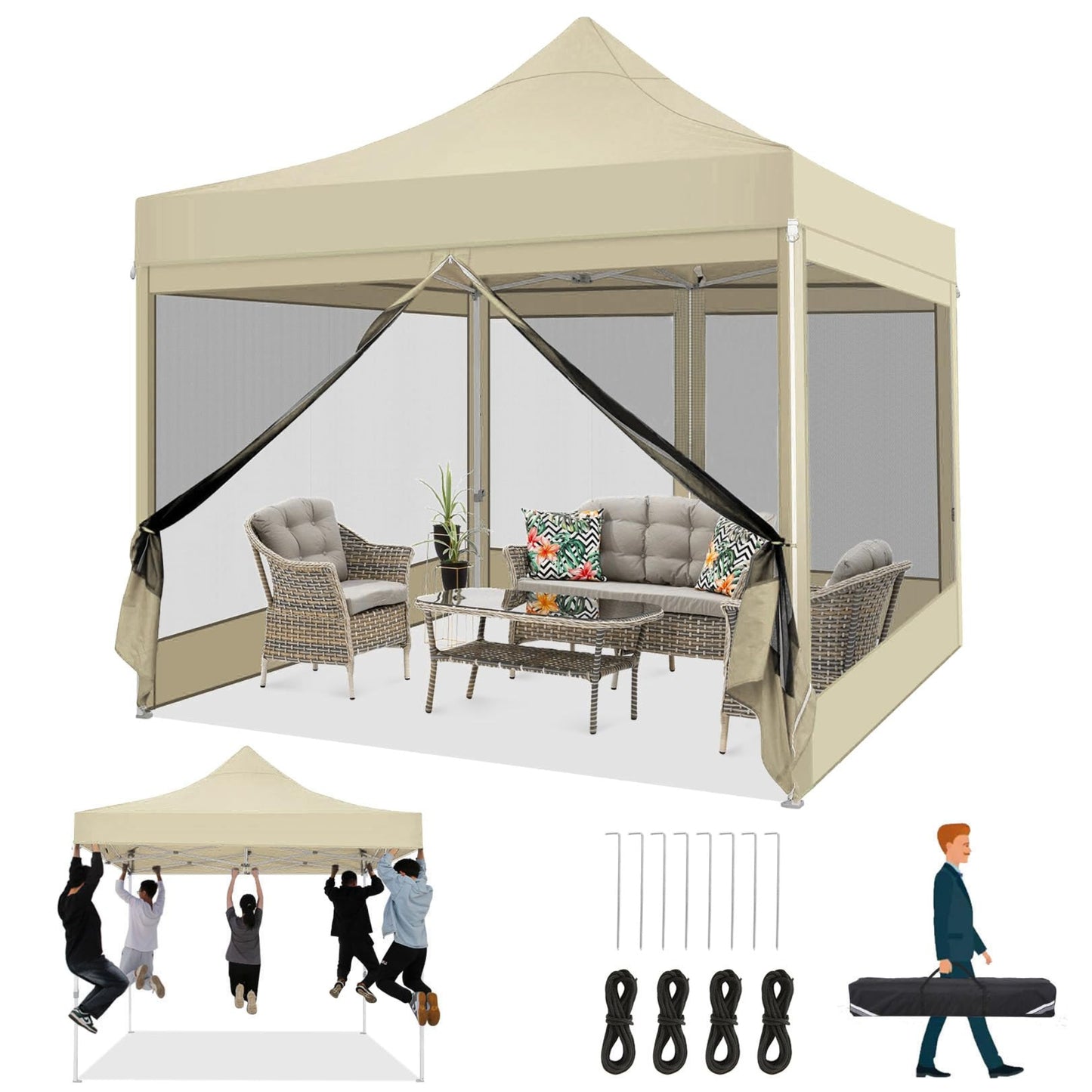COBIZI Folding Gazebo 3 x 3 m Gazebo 3 x 3 m Waterproof Stable Party Tent Foldable with 4 Side Walls Mosquito Net Pop Up Garden Gazebo Anti-UV for Garden, Grey