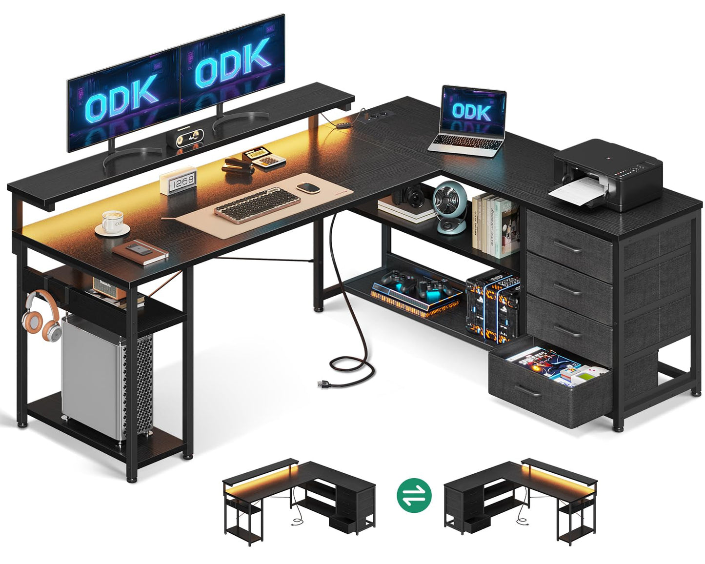 ODK Schreibtisch mit Schubladen, Reversible Eckschreibtisch mit 2 Steckdosen und 2 USB Ladeanschluss, Bürotisch L Form mit LED für Home Office 155×110cm (Alles Weiß)