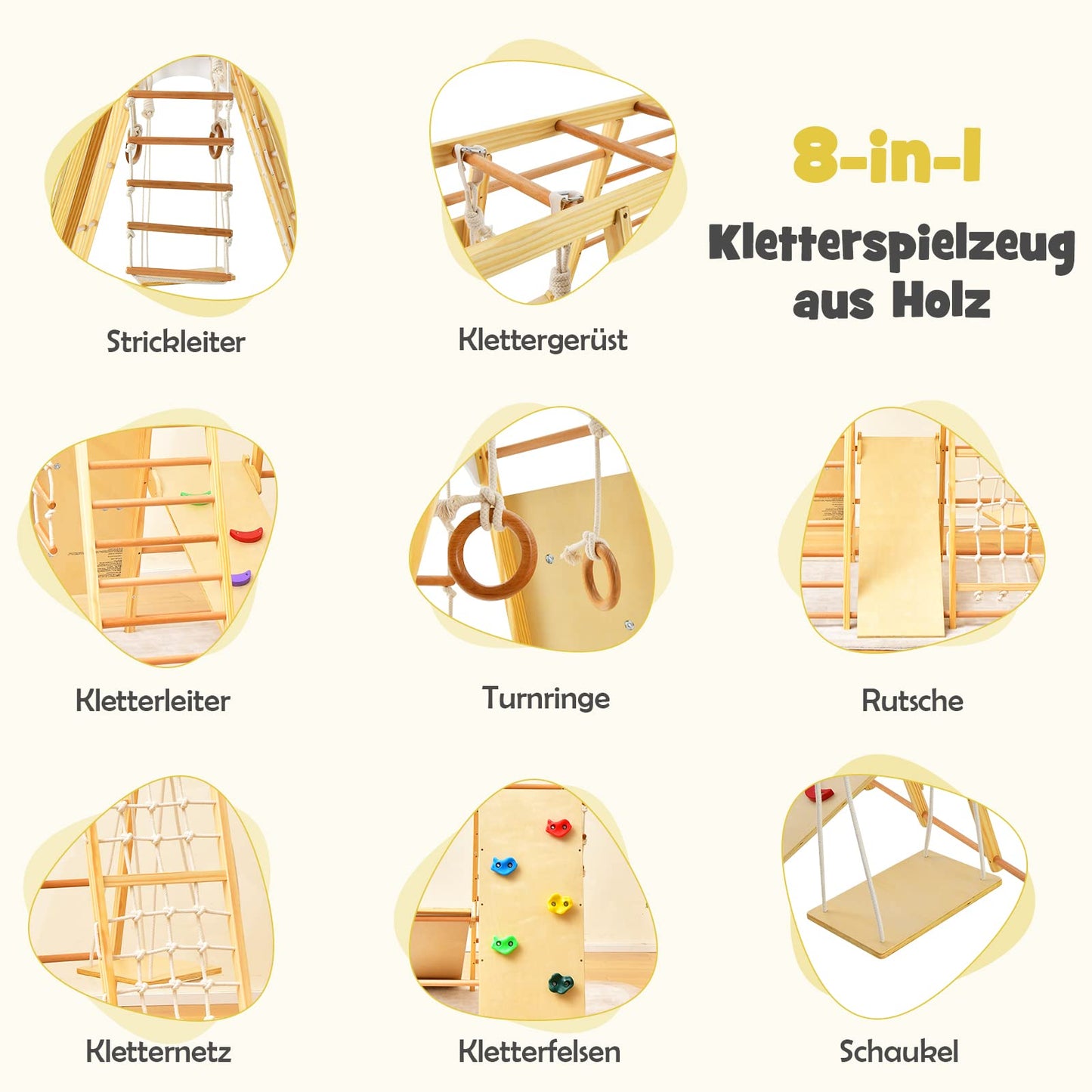 DREAMADE 8 in 1 Climbing Triangle Climbing Toy with Swing Ladder Slide Climbing Net Gym Rings Playground Indoor Wooden Climbing Frame for Sliding & Climbing for Children from 3 Years (Natural)