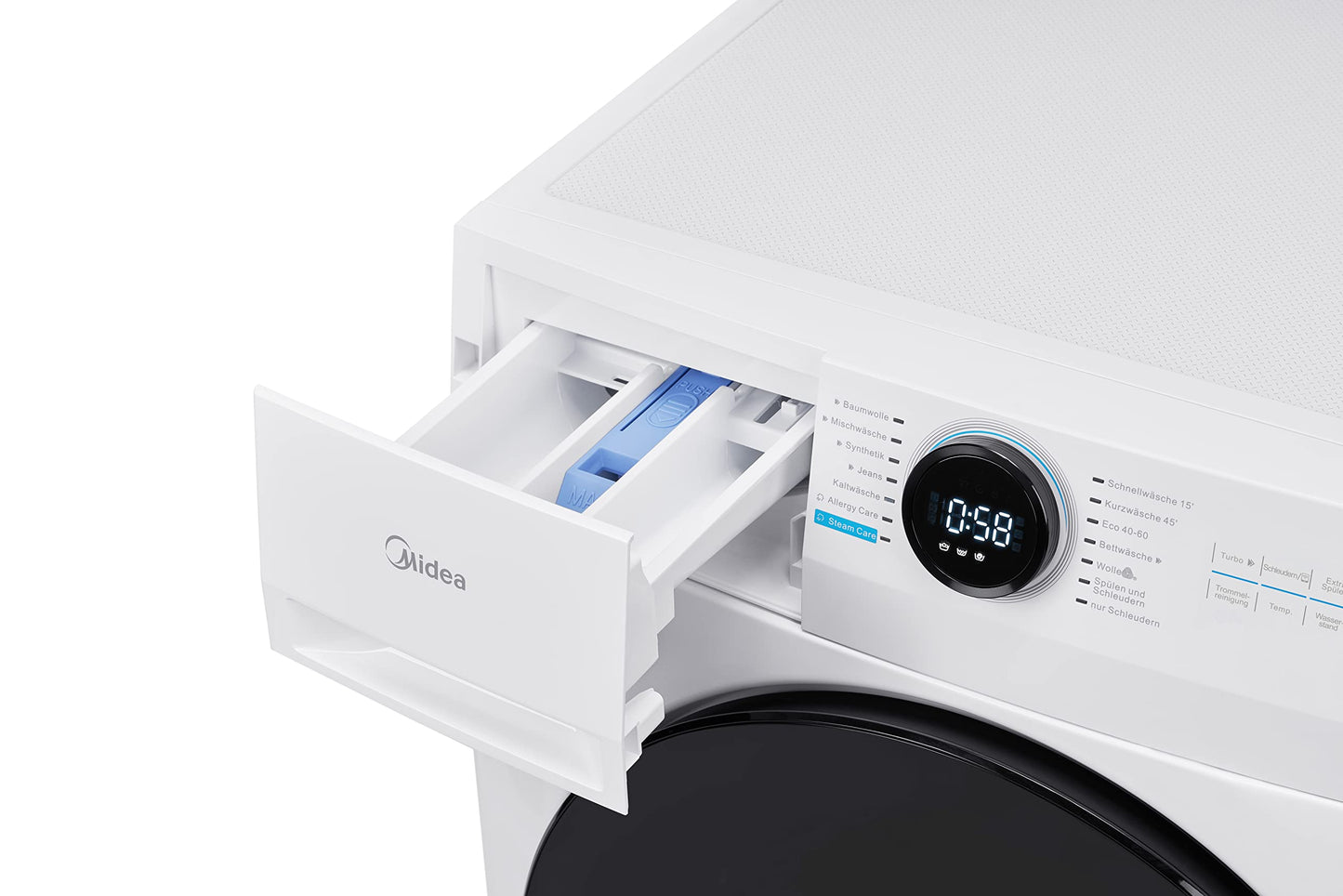 Midea MF200W80WB-14AS Washing Machine, 8 kg, Energy Efficiency Class A, Automatic Volume, Steam Care, Refill Function, 1400 rpm, Time Saving, Turbo, Only 48 cm Deep, App Control, AquaStop, White