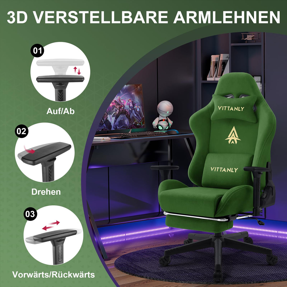 Vittanly Gaming Stuhl, Luxuriöser Wildlederimitat Gaming Chair Bürostuhl, Ergonomischer Schreibtischstuhl mit Fußstütze Kopfstütze und Lendenkissen, 3D Armlehnen, 90-155° Rückenlehne, Weinrot