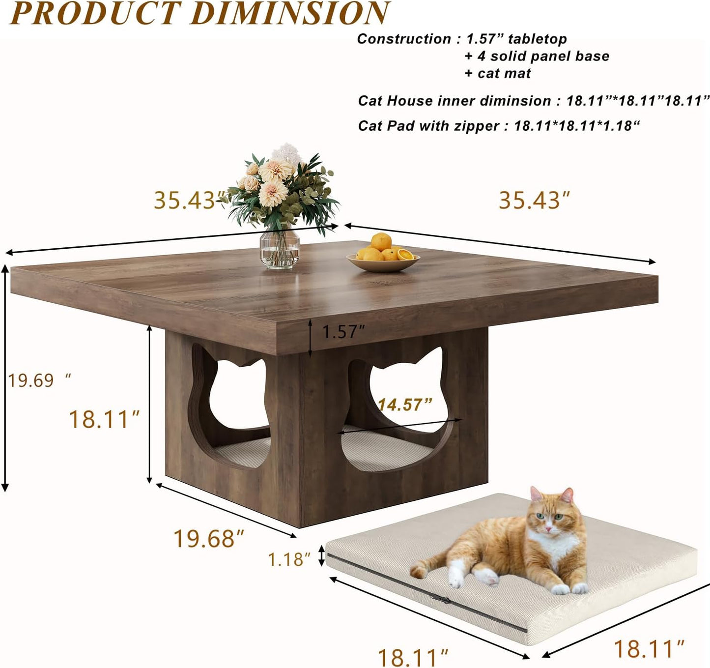 HSH Wooden Coffee Table, Living Room Table, Sofa Table, Side Table, Coffee Table with Cat House Cushion, Industrial Square Table, Rustic Oak, 90 cm