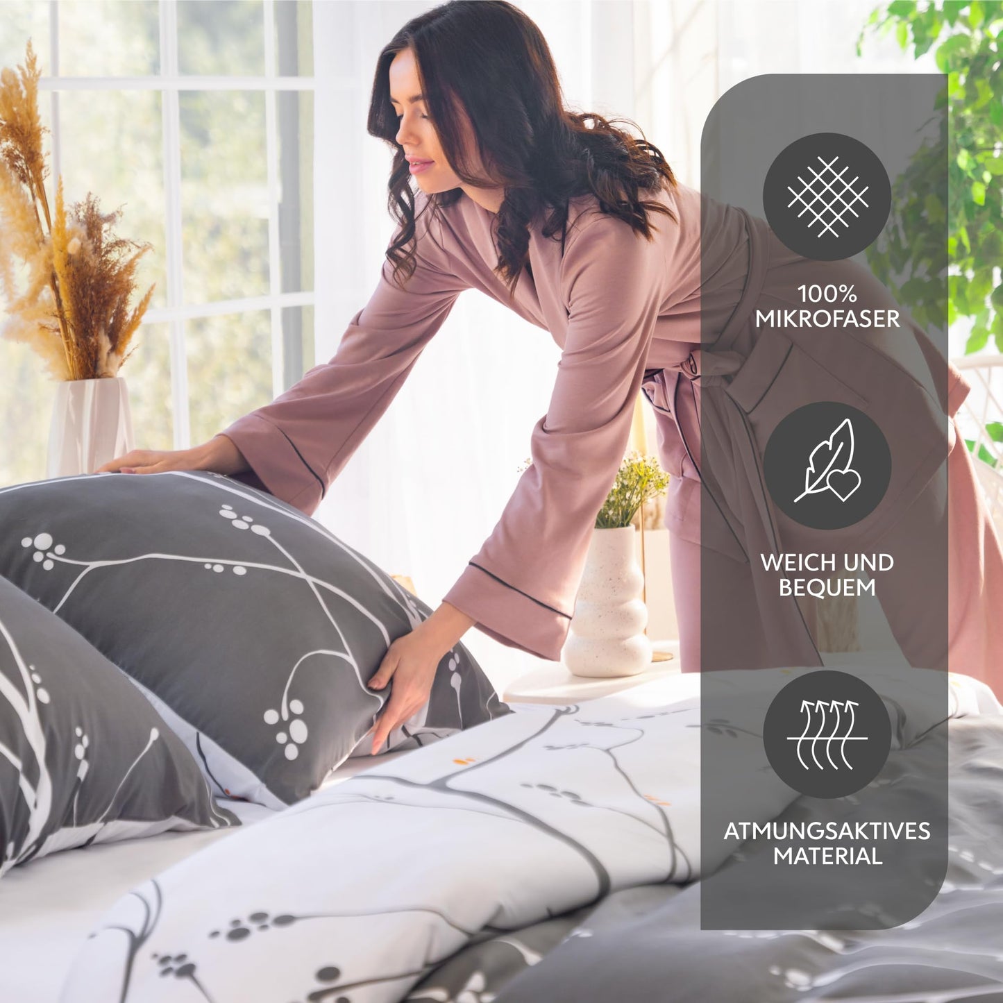 Dreamzie Bed Linen Set 155 x 220 cm with 2 Pillowcases 80 x 80 cm, Botanic Motif Sage Green, Adult Bed Linen, 155 x 220 cm, Made of 100% Microfibre, Certified, No Chemicals (OEKO TEX)