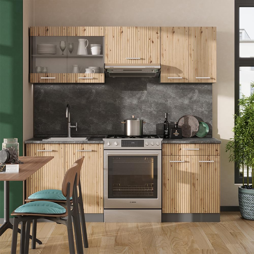 Vicco R-Line Kitchen Unit, White Country House / Anthracite, 200 cm without Worktop