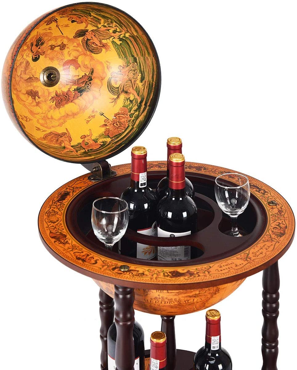 RELAX4LIFE Globe Bar on Wheels, Bar Trolley with World Globe, Bar Table Solid Wood, Serving Trolley with Wine Bottle Holder, Mobile Cocktail Bar, Antique Look, Decorative Mini Bar Serving Table