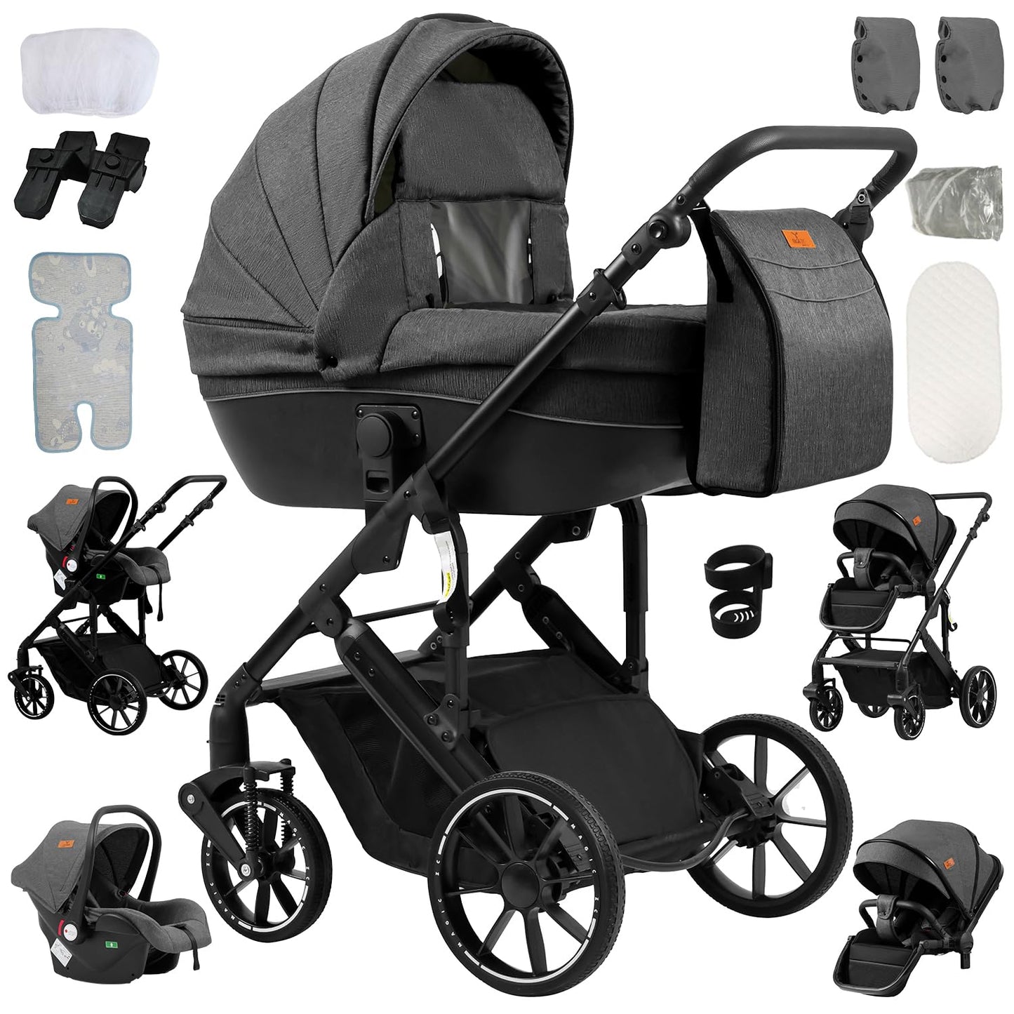 PU Leather Pushchair 3-in-1, Buggy with One-Click Folding Design, Pushchair with Two Reversible Sliding Modes, Combination Pushchair 3-in-1 Complete Set Frame Aluminium Alloy (518 Black)