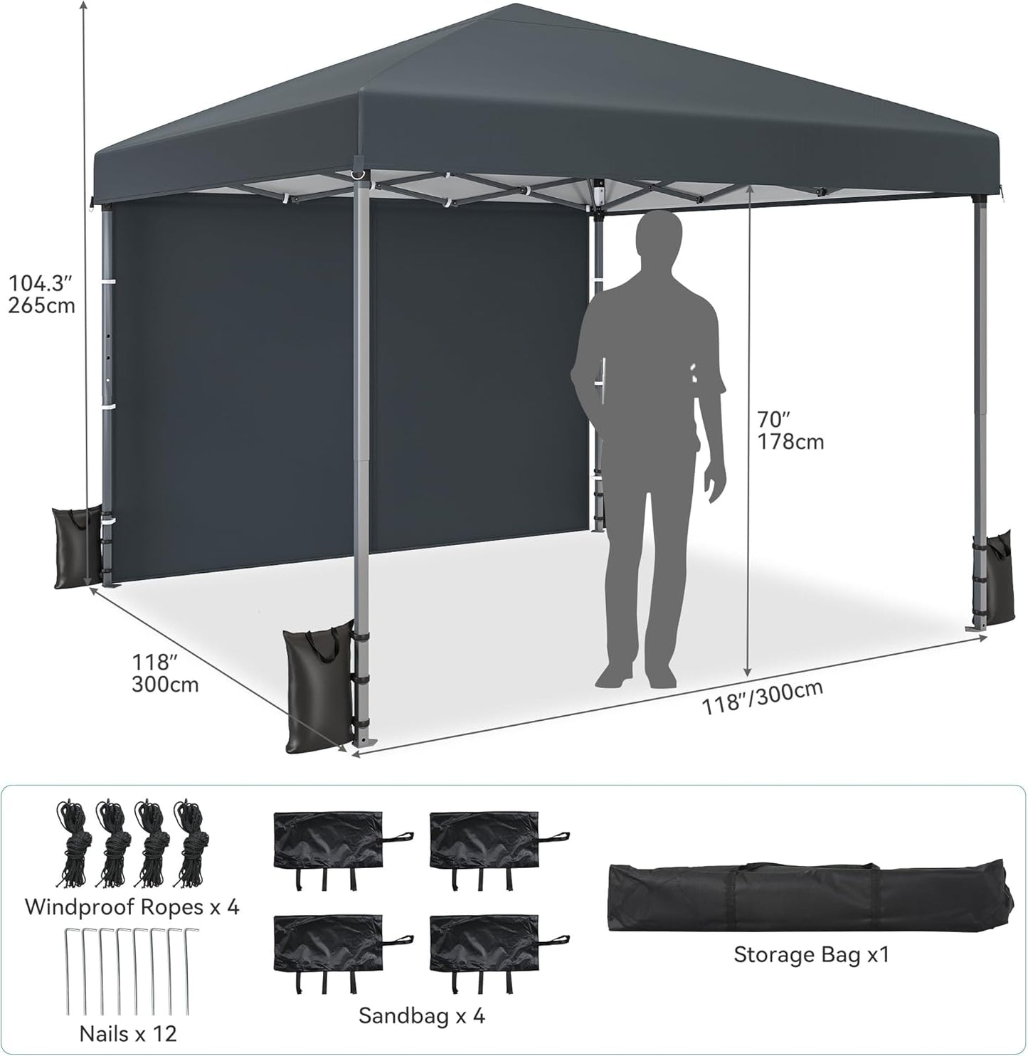 DWVO Folding Gazebo, Foldable Stable Pop Up Weatherproof Garden Gazebo with Protection, Height Adjustable for All Seasons, Ideal for Markets, Pool, Waterproof and Robust, 3 x 3 m, Grey