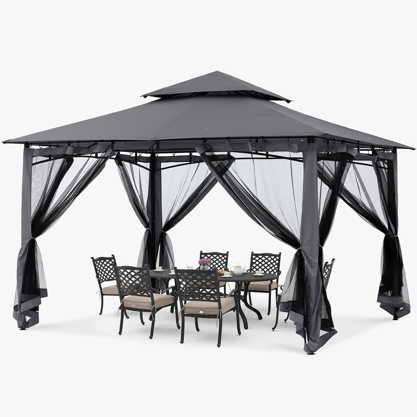 ABCCANOPY Pavillon 2.5x2.5m Wasserdicht Stabil Winterfest Gartenpavillon，Doppeldachweichdach Hinterhof-Partyzelt mit Netz für Schatten und Regen,Grau