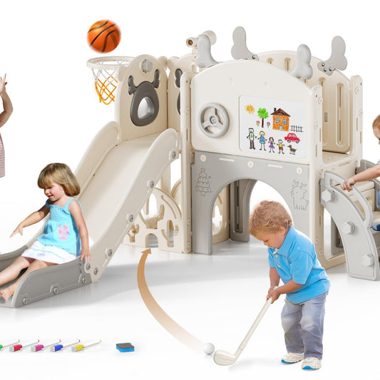 Krovtoy Kleinkindrutsche mit Weihnachtselch-Motiv, freistehende Kleinkindrutsche mit Golf-Set, Babyrutsche, Spielplatzgerät, für den Innen- und Außenbereich (Grau Beige - 6 in 1)