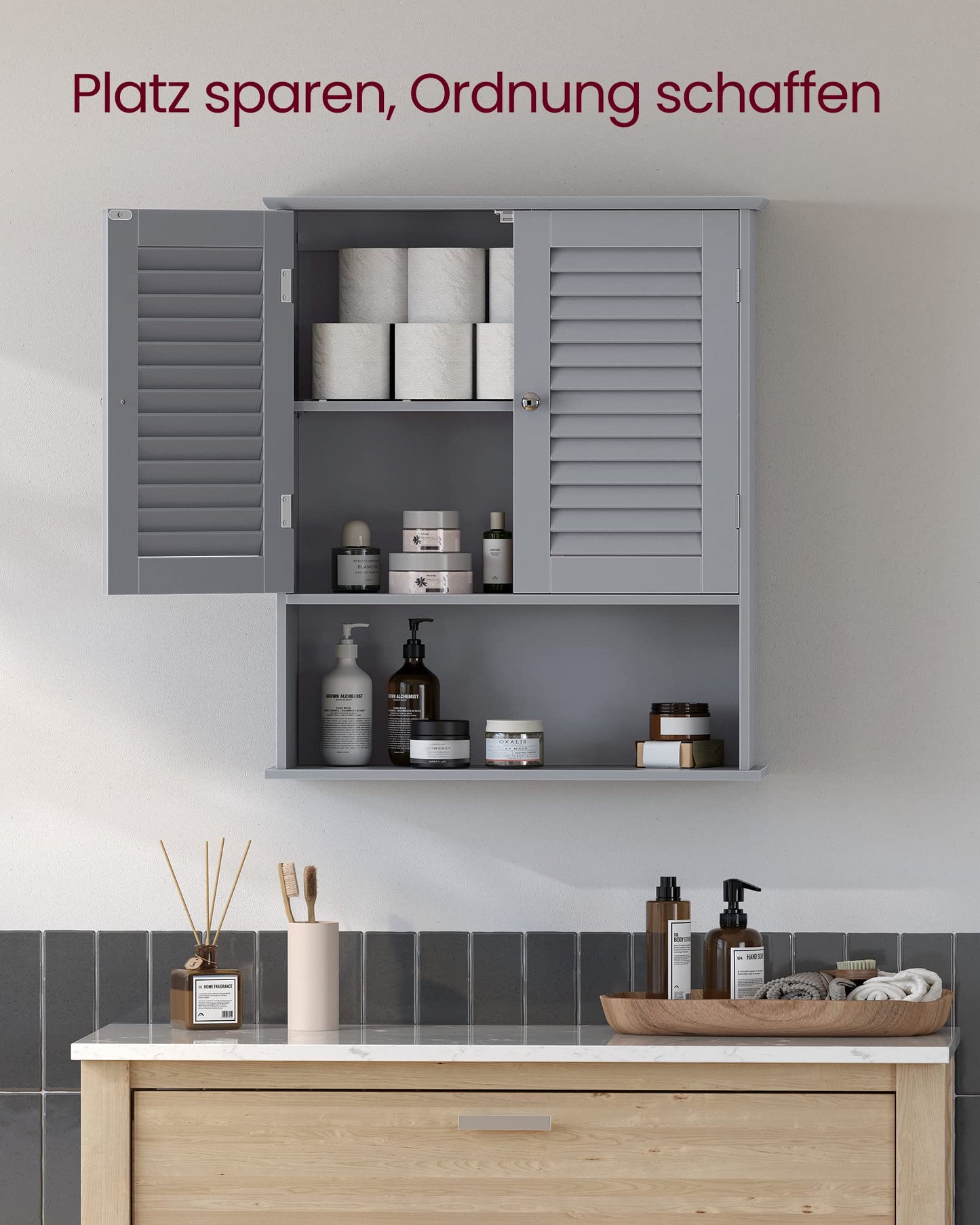 VASAGLE Wall Mounted Bathroom Cabinet, Medicine Cabinet with Height-Adjustable Shelf, Double Door, Open Compartment, 60 x 20 x 70 Cm, Wood, White, BBC27WT