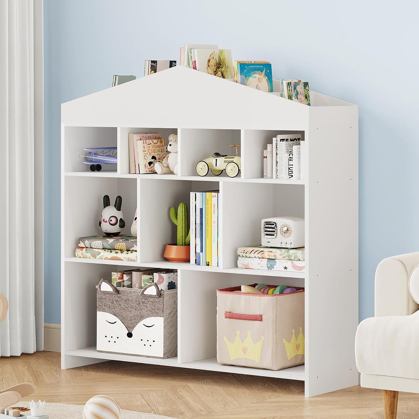 Garvee Kinder Bücherregal mit Lese Breite Kinder Bücherregal 6-Cubby Spielzeug Aufbewahrung Organizer Sitzkissen Holz Aufbewahrungsbank Spielhaus Schrank Kinderzimmer, Spielzimmer Weiß 121x30x107cm