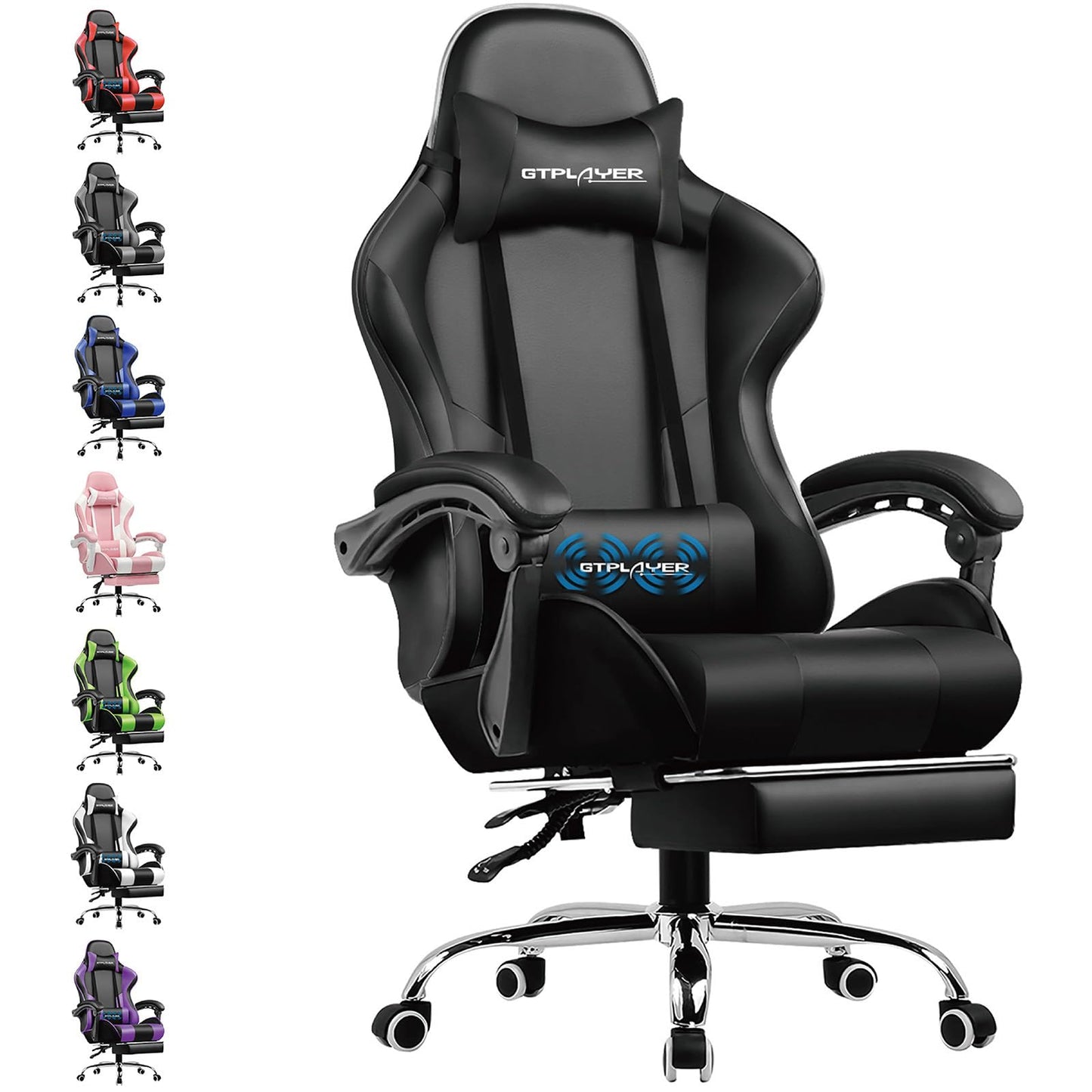 GTPLAYER Gaming Stuhl Bürostuhl Massage Gaming Sessel Ergonomischer Gamer Stuhl mit Fußstütze, Kopfstütze Massage-Lendenkissen, Gepolstert Gaming Chair, Drehsessel, weiß