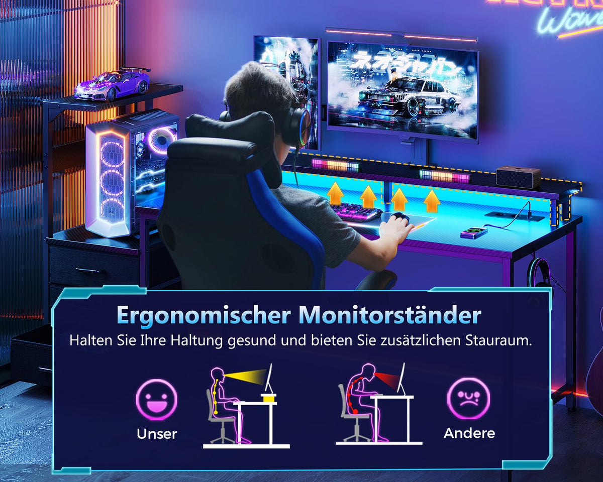 Coleshome Gaming Table with Drawers, 151 x 50 cm Gaming Desk with LED Lighting & Socket, Computer Desk with Shelves & Monitor Stand, Carbon Fibre Black