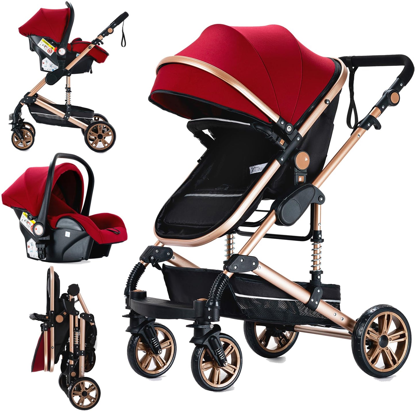 Doraystar 360° Rotation PU Leather Pushchair 3-in-1 Combination Pushchair 3-in-1 with Two Reversible Sliding Modes, Pushchair Complete Set with One-Click Folding Design, Aluminium Alloy Frame (906