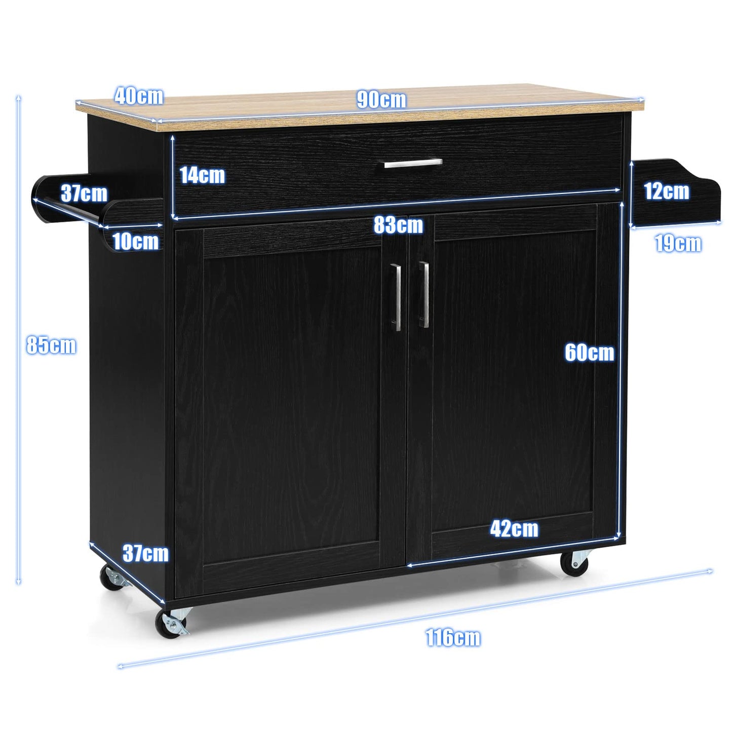 COSTWAY Kitchen trolley with towel holder and spice board, kitchen island with drawer and height-adjustable shelf, kitchen cabinet rollable, wooden serving trolley, kitchen island trolley (black)