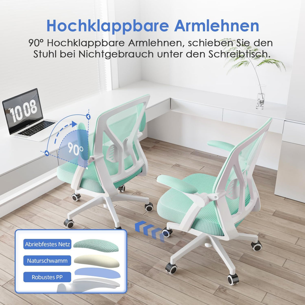 Hinonde Office Chair, Desk Chair with Folding Armrests and Rocker Function, 360° Swivel Chair, Height-Adjustable Office Chair, Ergonomic Home Office Chair with Breathable Mesh, Up to 150 kg