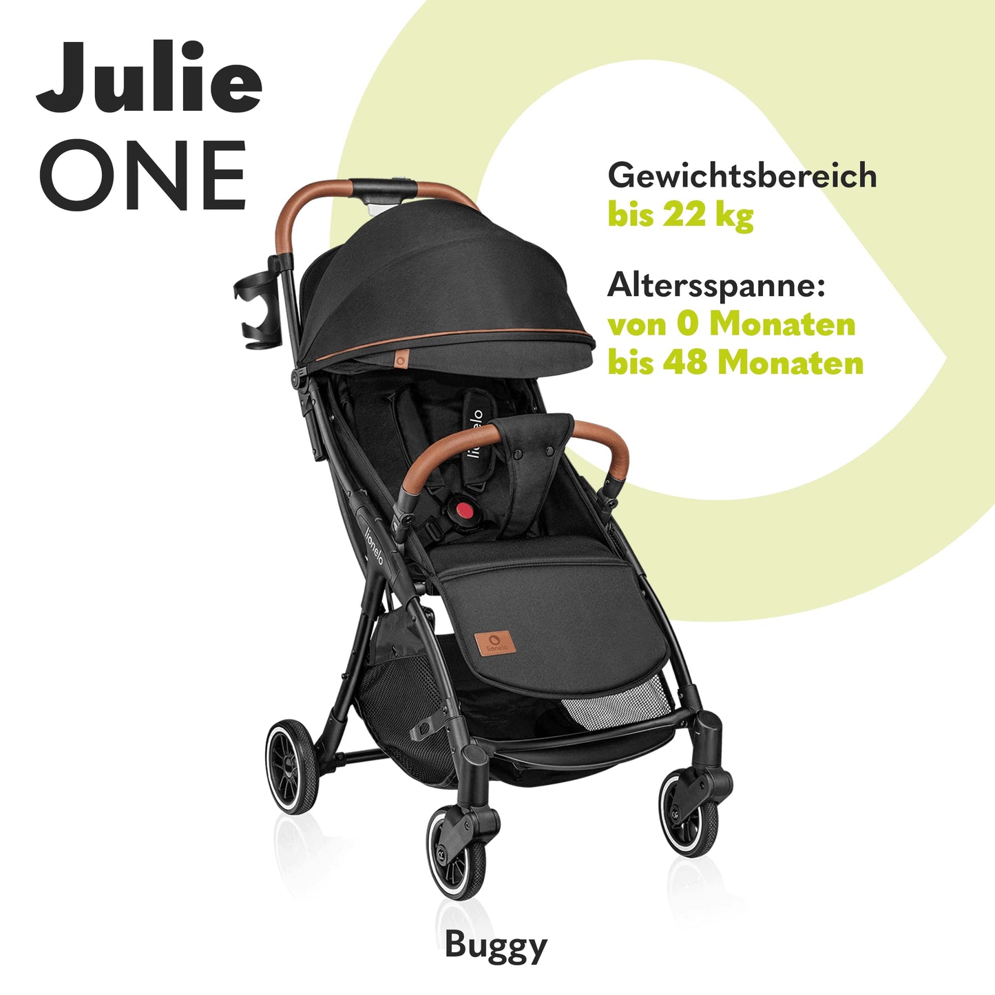 LIONELO Julie One Buggy Pushchair up to 22 kg, Adjustable Backrest and Footrest, Mosquito Net, Leg Warmer, Drink Holder and Transport Bag, Foldable, Tropical Green