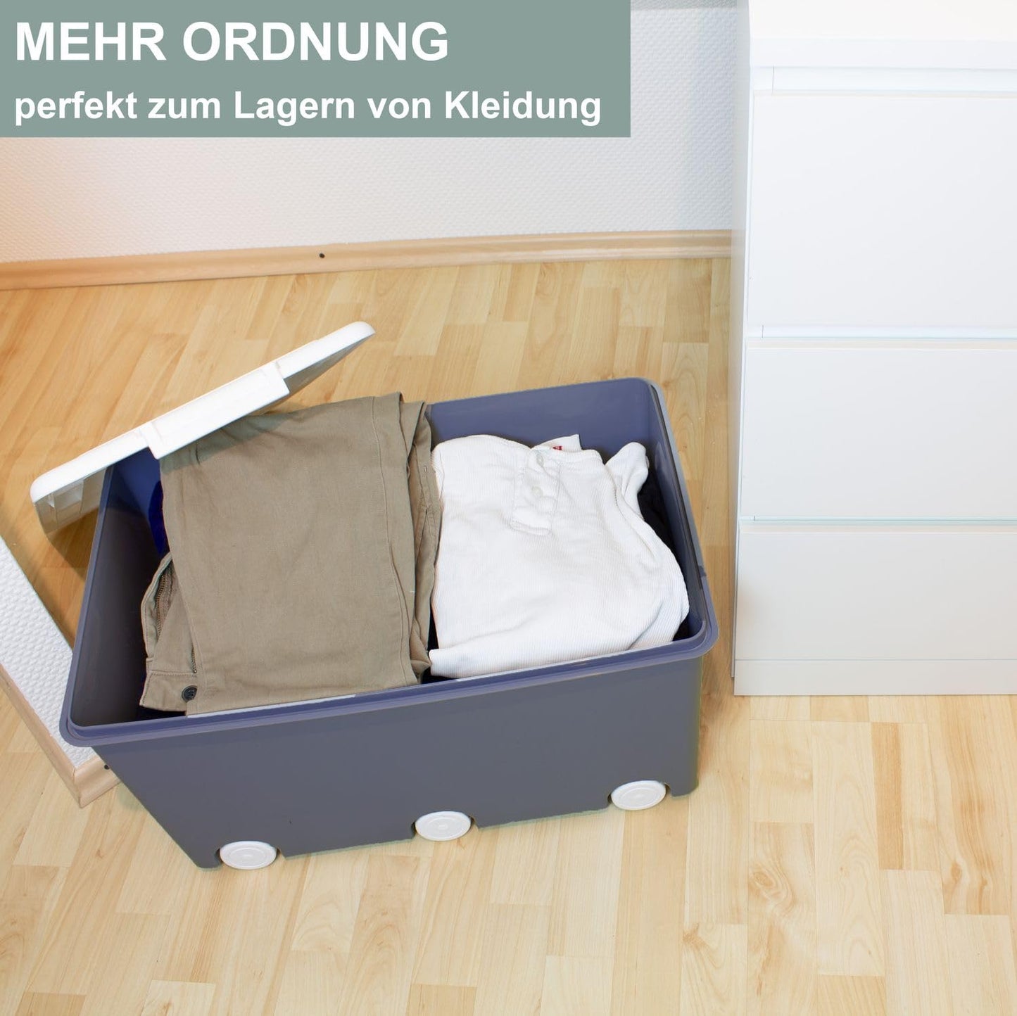 Babykajo 3 Storage Boxes with Lid and Wheels 50 L - Stacking Boxes with Lid Opaque - Plastic Box with Lid for Closing - Boxes Storage with Lid