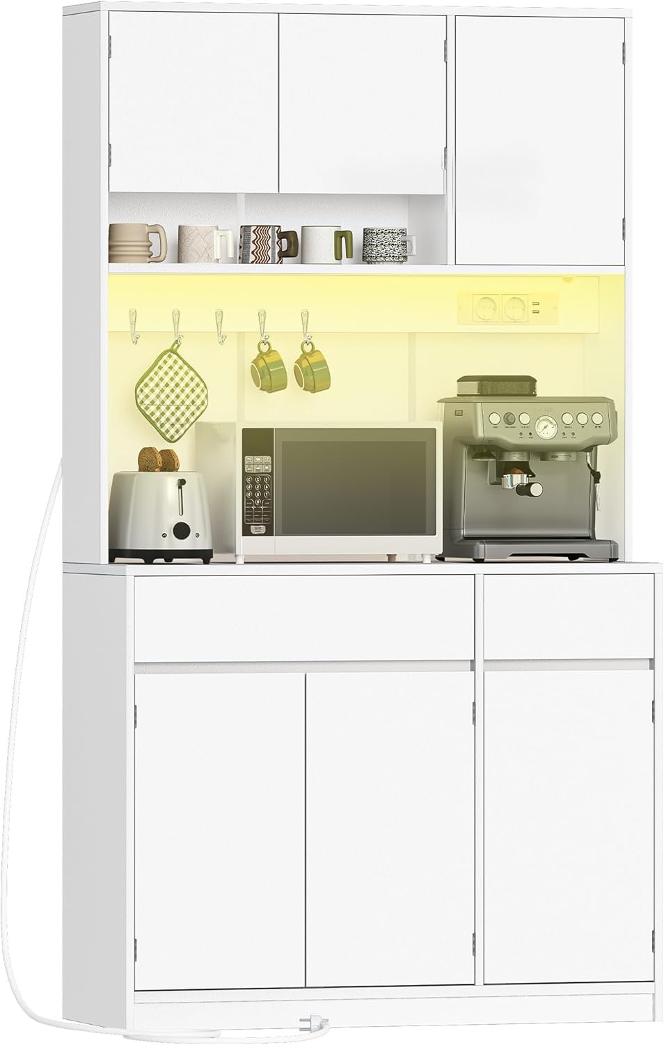 Hzuaneri PT00203XEU Kitchen Cabinet, Buffet Cabinet, Tall Cabinet with Sockets and LED Light Strips, with Worktops and Two Drawers, Adjustable Shelves, Kitchen, 40 x 100 x 180 cm, White