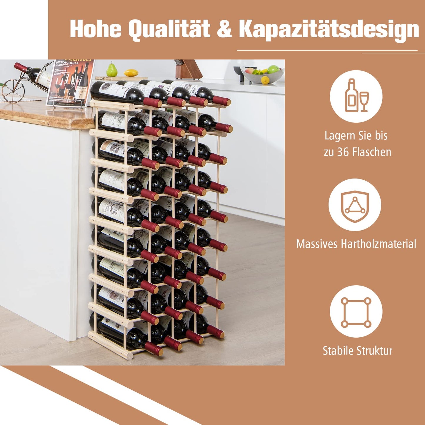 COSTWAY Wine Rack Wood Stackable Bottle Rack for 72 Bottles, Wine Rack with 6 Levels, Wooden Shelf, Bottle Stand for Kitchen, Dining Room, Bar, Basement, 119 x 29 x 72 cm