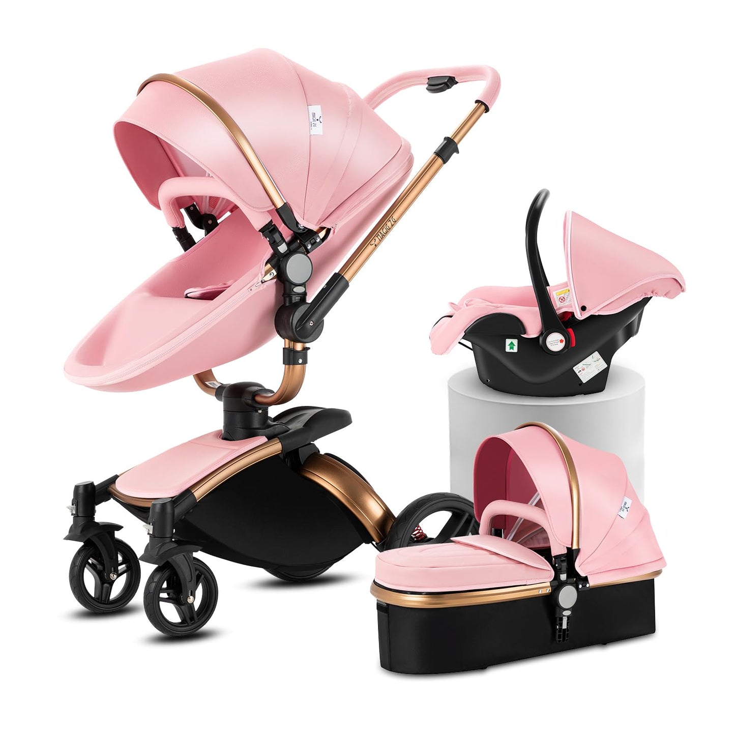 Doraystar 360° Rotation PU Leather Pushchair 3-in-1 Combination Pushchair 3-in-1 with Two Reversible Sliding Modes, Pushchair Complete Set with One-Click Folding Design, Aluminium Alloy Frame (906