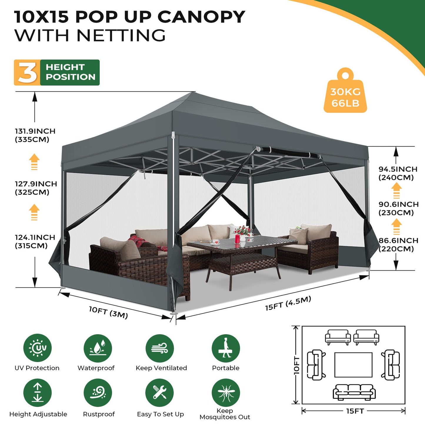 COBIZI Folding Gazebo 3 x 3 m Gazebo 3 x 3 m Waterproof Stable Party Tent Foldable with 4 Side Walls Mosquito Net Pop Up Garden Gazebo Anti-UV for Garden, Grey