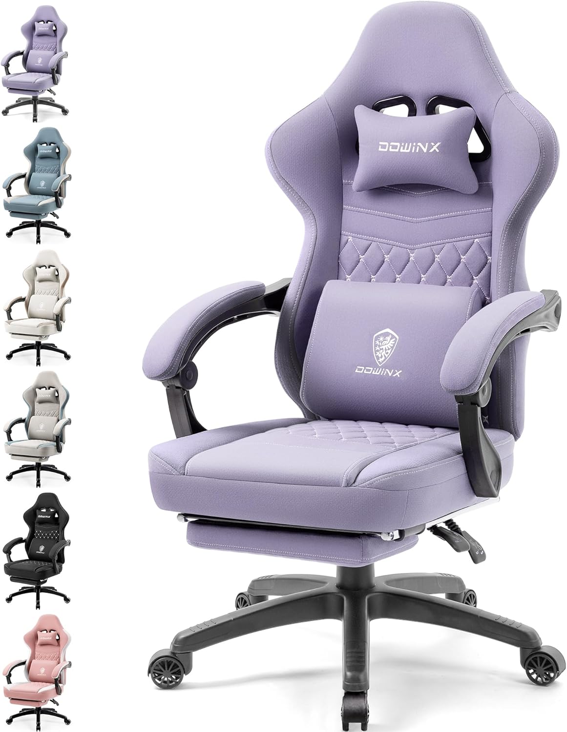 Dowinx Fabric Gaming Chair, Massage Gaming Chair with Footrest, Ergonomic PC Chair, Gamer Chair, Office Chair, 150 kg Load Capacity, Beige