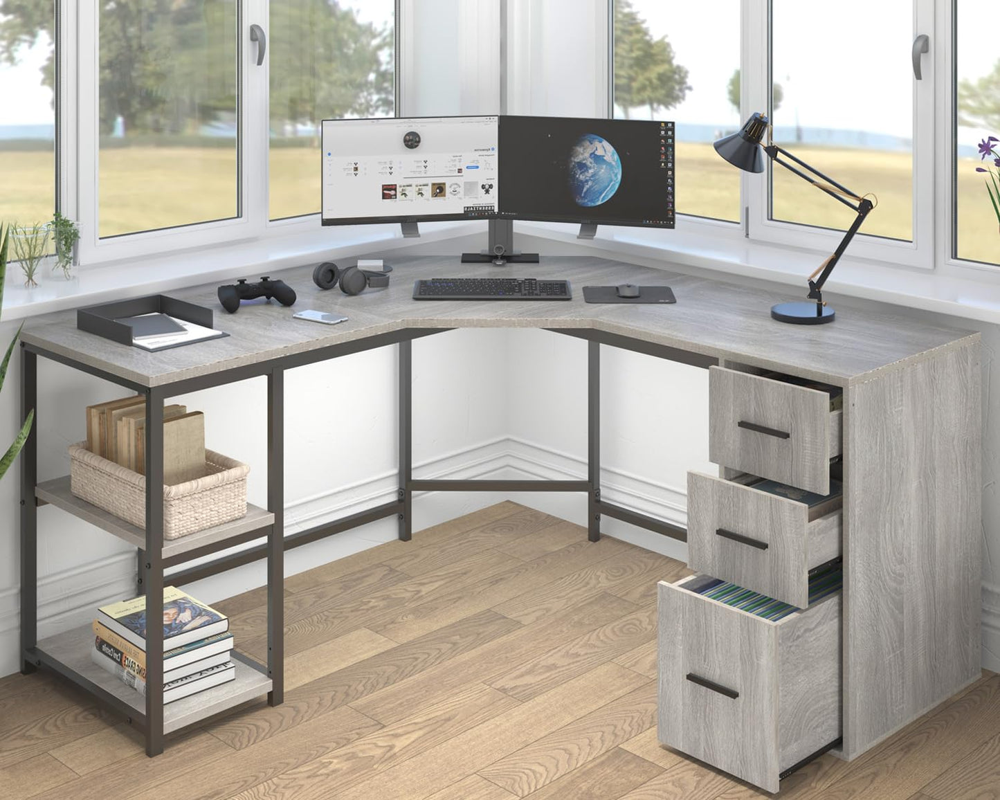 LVB White L Shaped Corner Desk with Drawers, Reversible Modern L Shaped Computer Desk with Storage Cabinets, Large L Shaped Wooden L Shaped Desk Metal L Shape