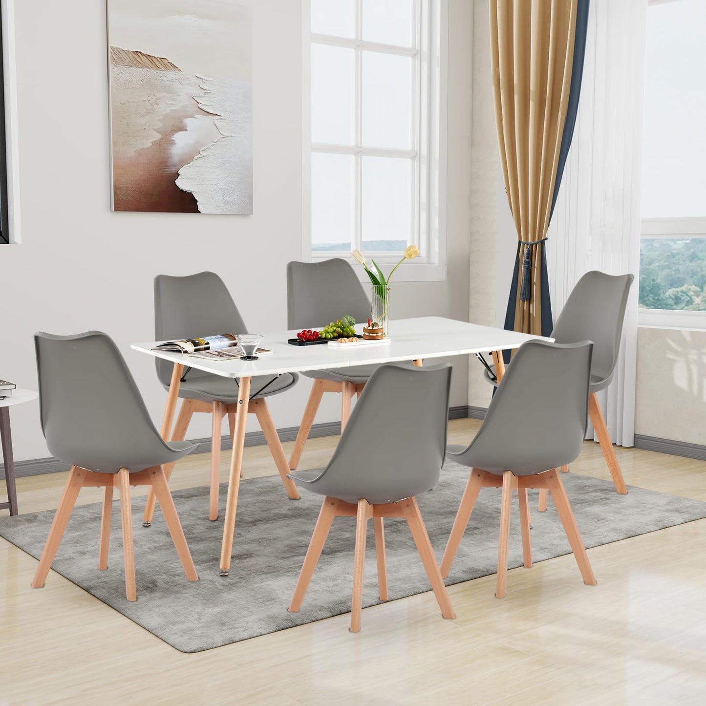 H.J WeDoo Esszimmergruppe mit 4 Essstühlen, Rechteckig Esstisch und Stühle für Esszimmer, Küche, Wohnzimmer, Weißer Esstisch und Graue Stühle