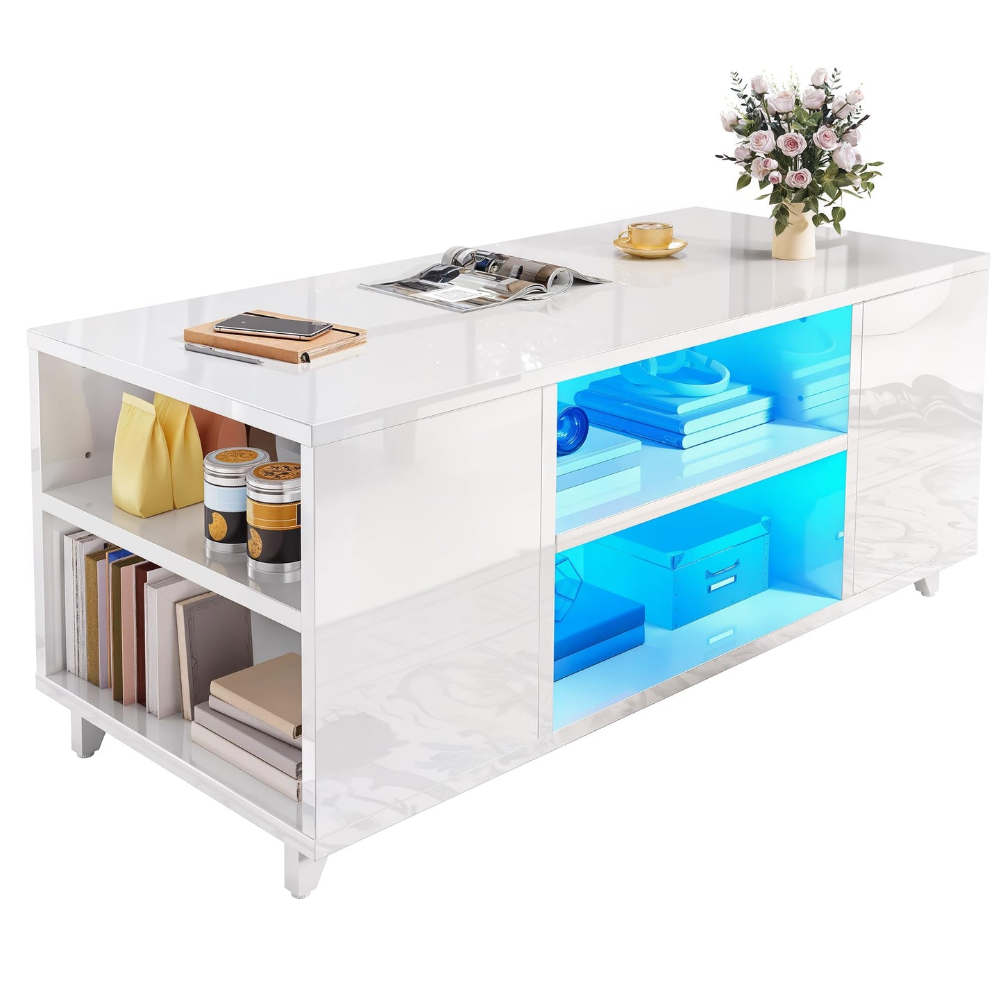 YITAHOME Coffee Table High Gloss Black Modern Living Room Table with 16-Colour LED Lighting Sofa Side Table with Adjustable Shelf 97.5 x 48 x 45 cm