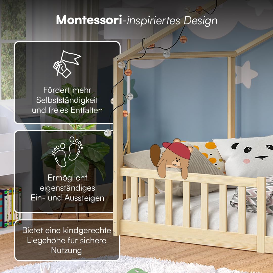 Bellabino Bia Children’s Bed, 90 x 200 cm, Children’s House Bed incl. Fall Protection and Rolled Slatted Frame, Montessori Floor Bed, White, Solid Pine Wood