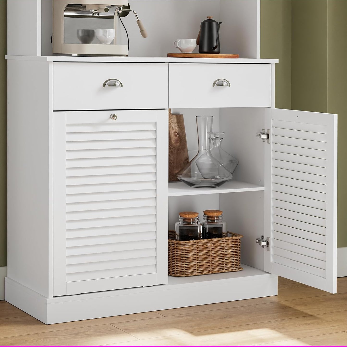 SoBuy FSB101-W Tall Cabinet with Glass Doors and Tilting Compartment, Kitchen Cabinet with Microwave Compartment, Sideboard Chest of Drawers with Doors and Drawers for Kitchen, Living Room & Storage