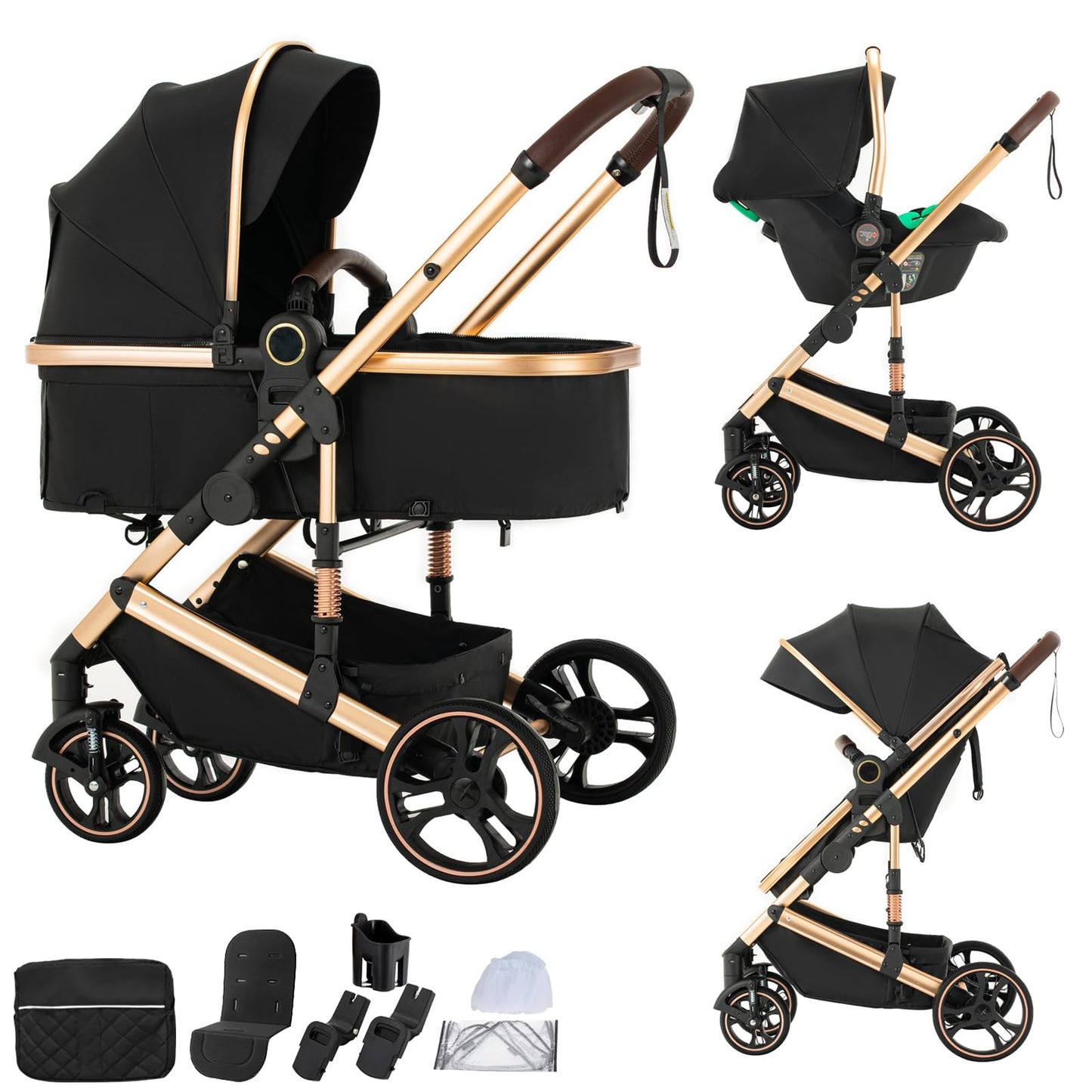 BEBBY 3-in-1 Pushchair Combination Pram Set 2-in-1 Buggy Foldable Luxury High Landscape Newborn Portable Foldable Pushchair Travel System (Black Gold, H2)