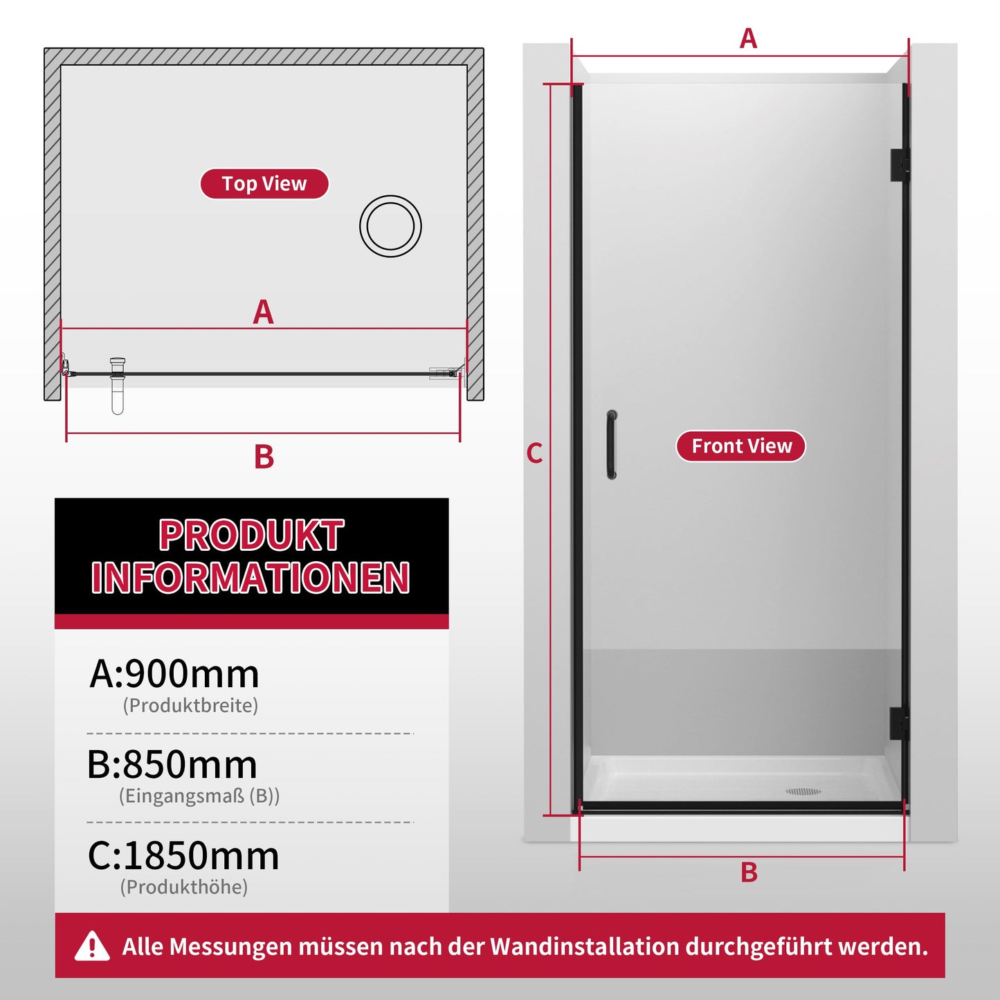 90 cm x 185 cm Shower Door with 6 mm ESG Nano Coating Glass Shower Doors, Shower Door Recess Door with Explosion Protection Film, Black T Triple Maple