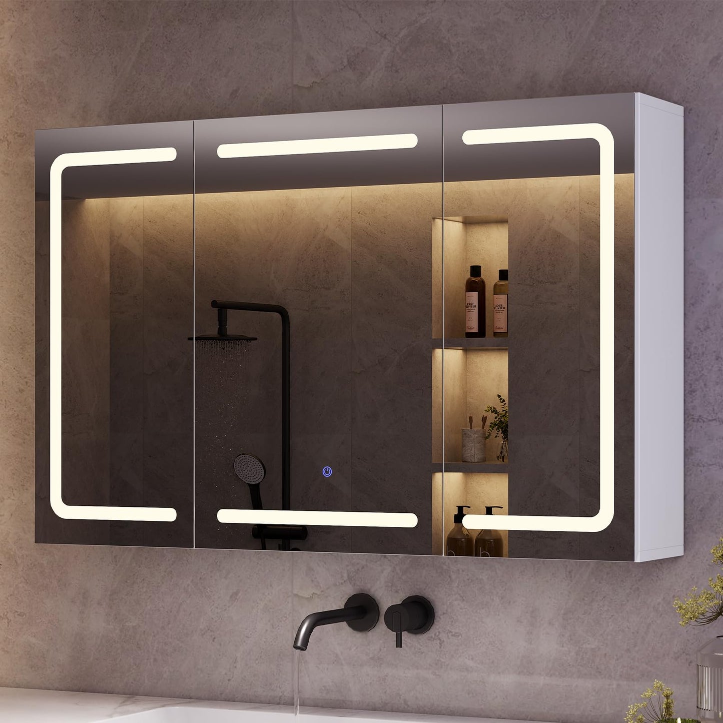 mojiasion Bathroom Mirror Cabinet 100 cm Wide with LED Lighting, Socket & 3 Colour Temperatures Dimmable Bathroom Cabinet with Touch Sensor 60 x 100 x 16 cm (H x W x D) Mirror + 3 Adjustable Shelves