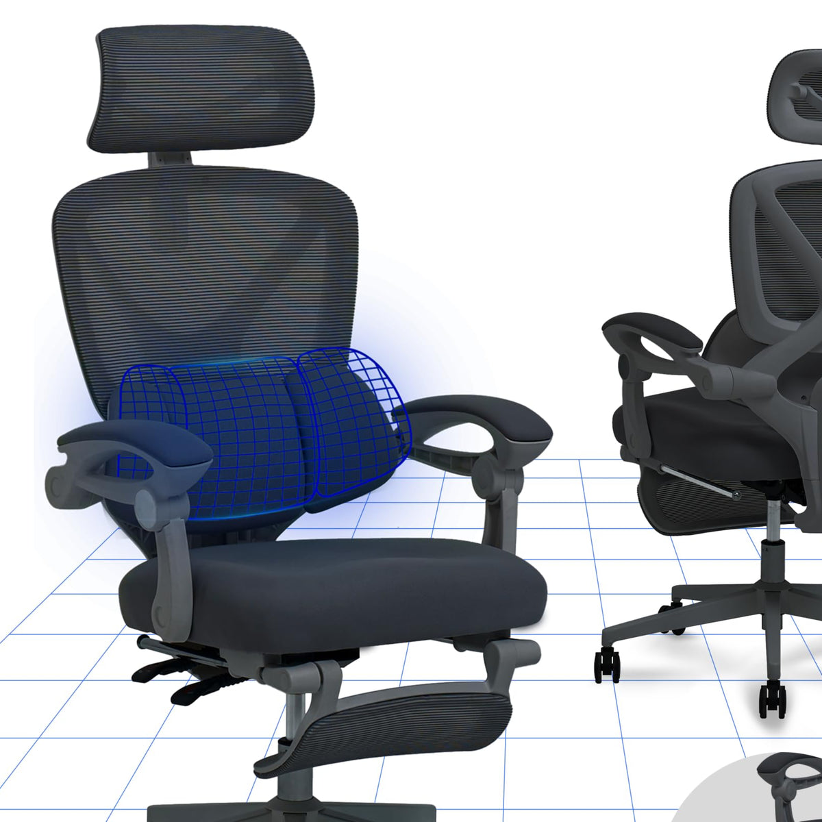 FLEXISPOT Ergonomic Office Chair, X-shaped Desk Chair with 135° Tilt, Coupled Armrests with Zoned Adjustable Lumbar Support, Swivel Chair with Footrest, 3D Headrest, White/Grey