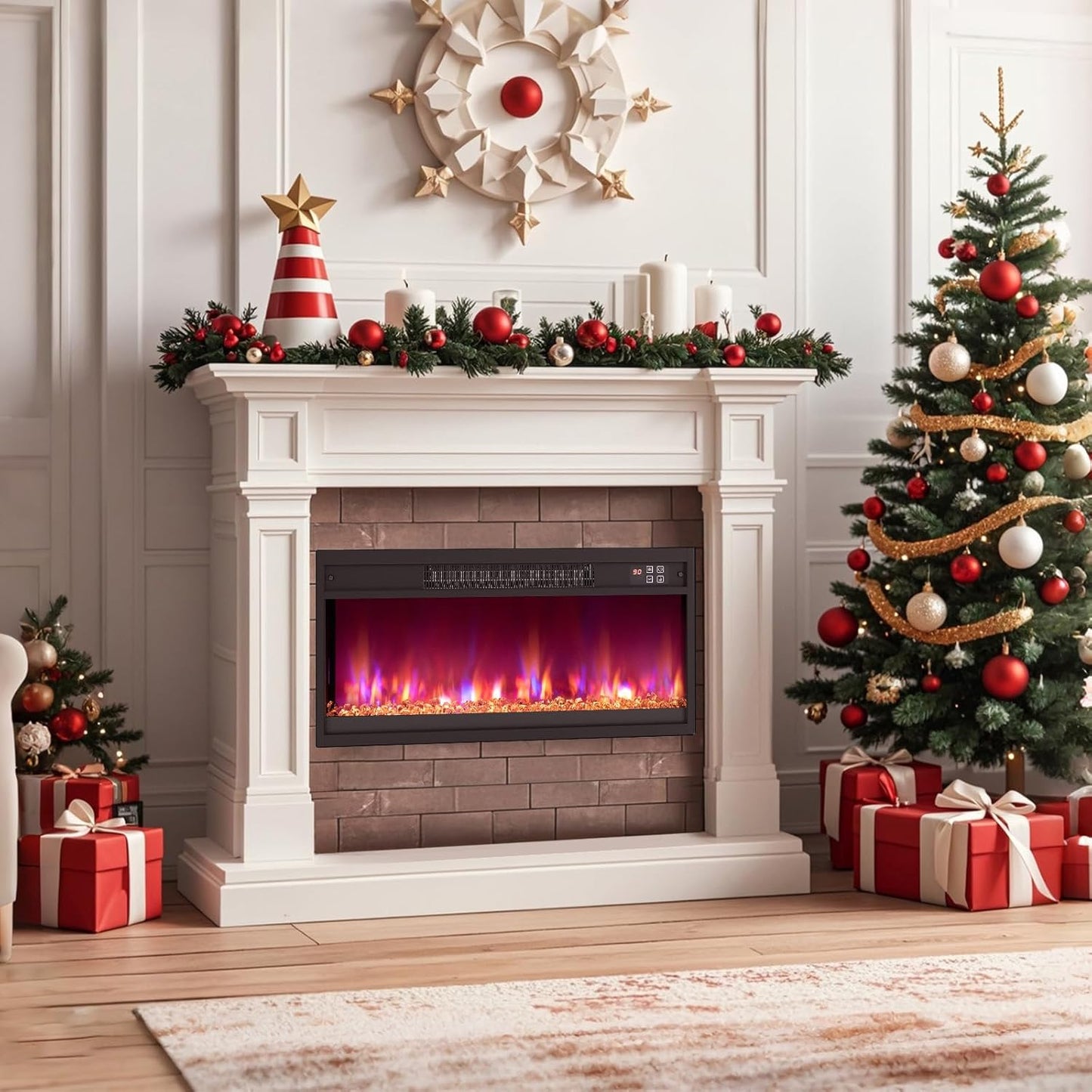 COSTWAY Electric Fireplace with Heating 1500 W, Electric Wall Fireplace with Remote Control, Overheating Protection, 5H Timer, Adjustable 3D Flame Effect and Brightness, 5000BTU Built-in Fireplace