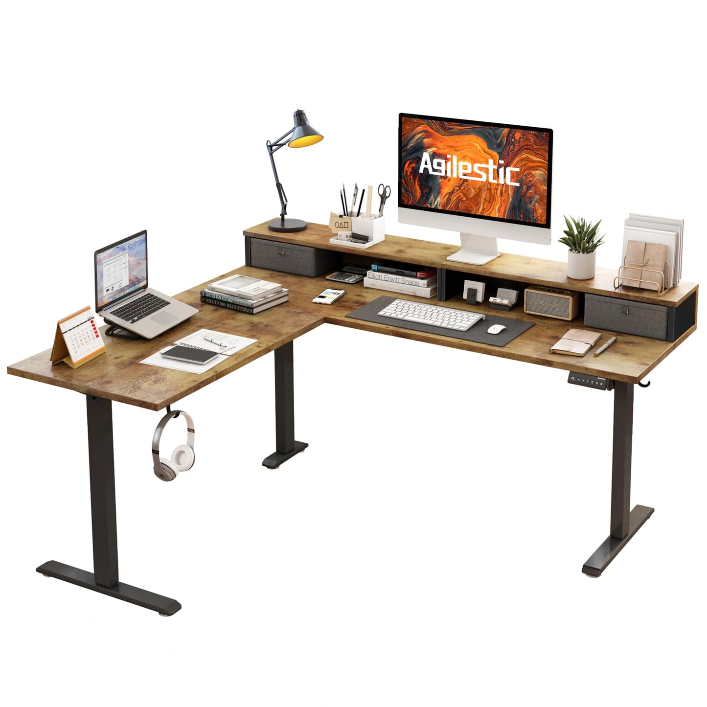 Agilestic L-Shaped Height-Adjustable Desk, 160 x 140 cm Desk, Height Adjustable, Electric, Corner Desk, Ergonomic Standing Seat Table, Computer Desk, White