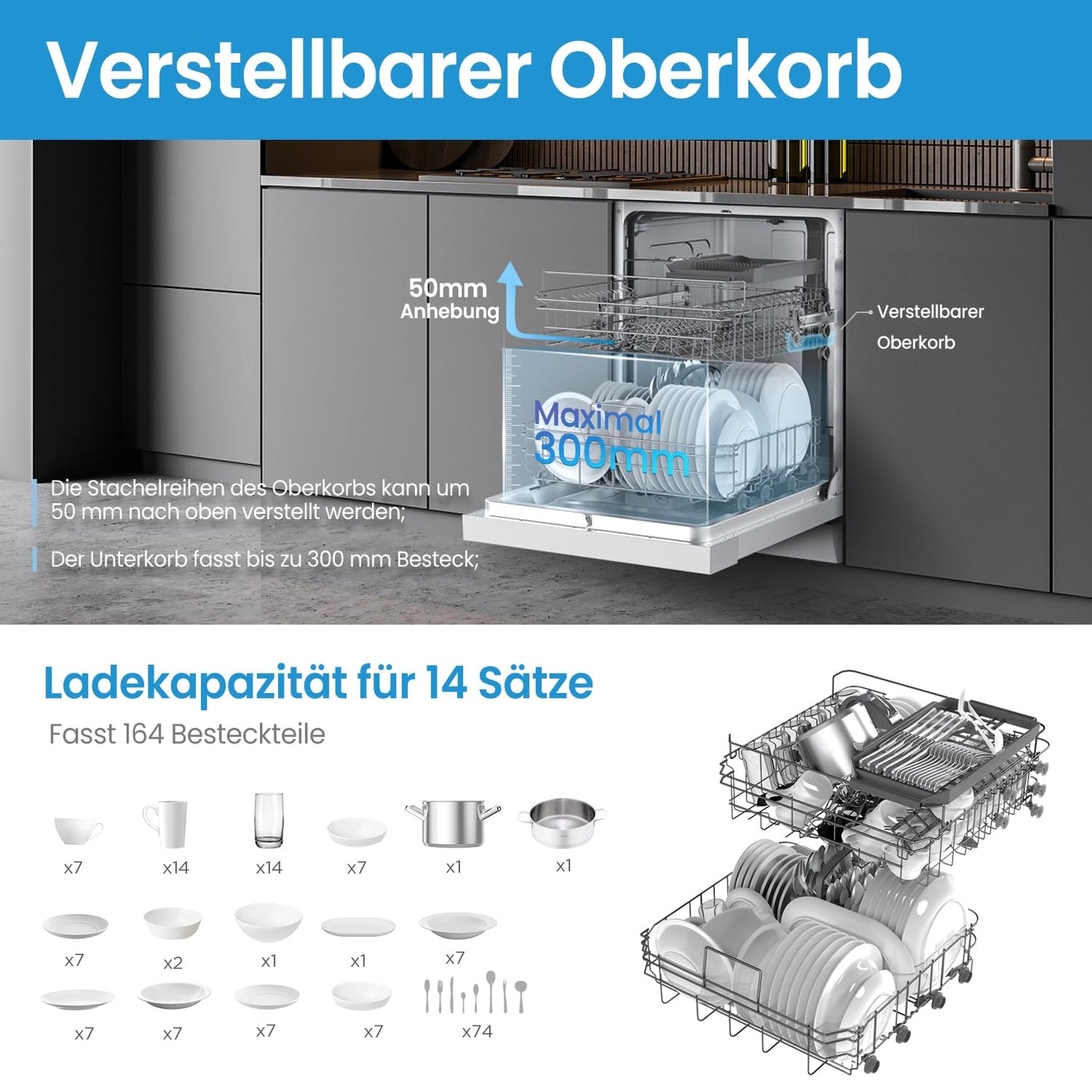 Midea SU 5.35X14CS Dishwasher Base, 14 MGD, Dishwasher 60 cm, Home Connect, Hygiene Care+, Machine Care +, Extra Drying, Half Load, 44 db, Start Delay, Stainless Steel