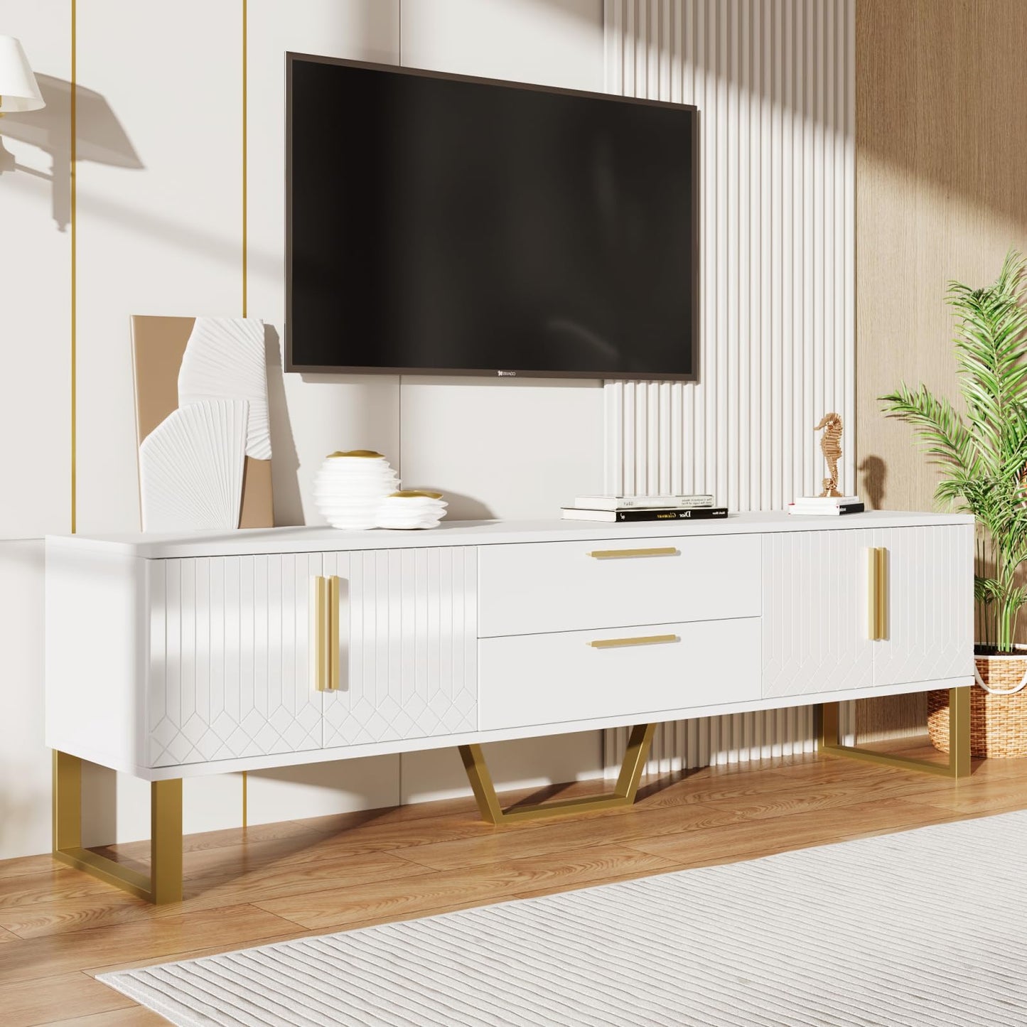 TV Cabinet with 3 Drawers, TV Table with Golden Handles and Legs, Modern TV Stand for TVs up to 75 Inches, Rounded Corners, TV Cabinet for Living Room, 174 x 35 x 41 cm, White