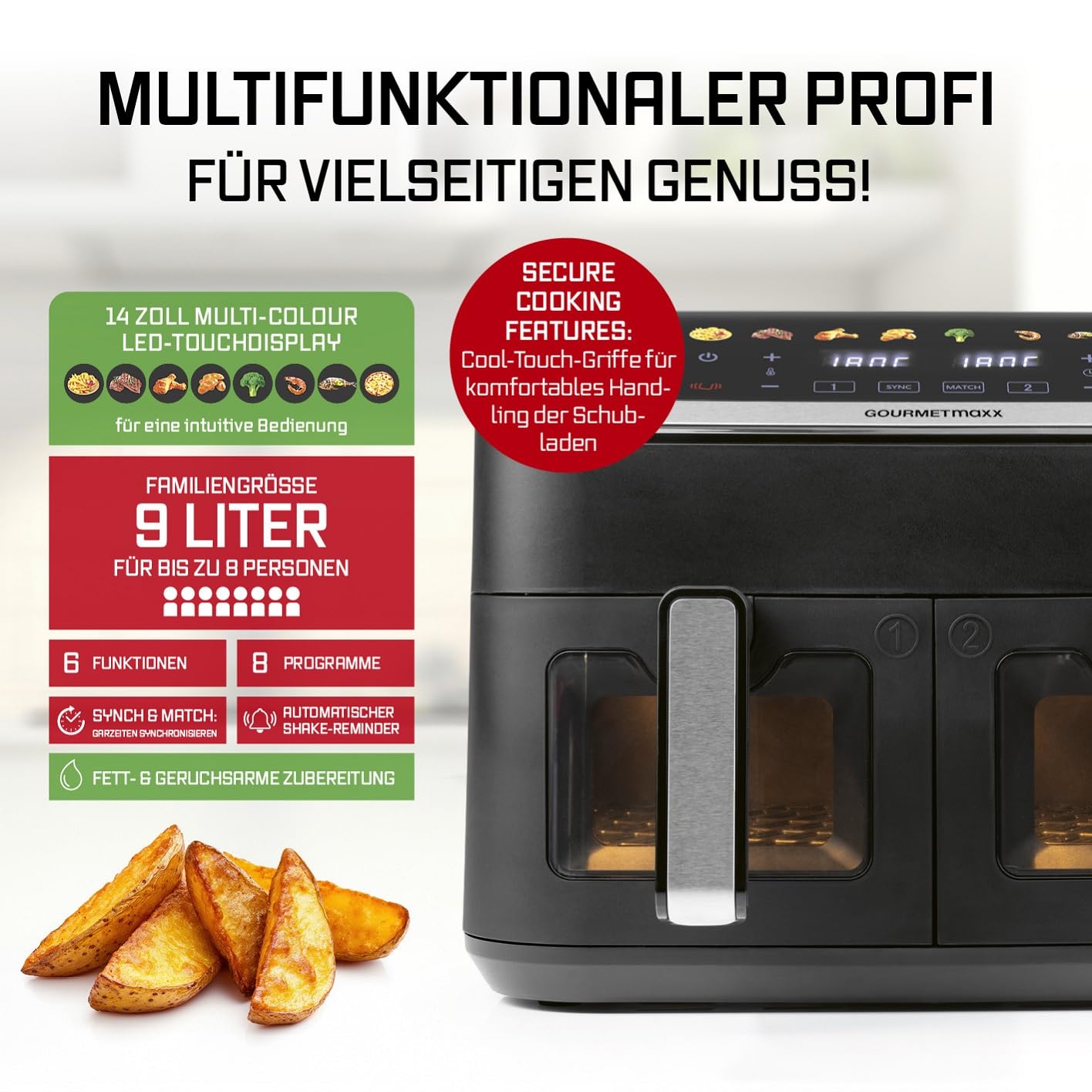 GOURMETmaxx Digitale Heißluftfritteuse 12 L, XXL-Edelstahl-Ofen | Airfryer + Timer, Touchdisplay, Drehspieß | fettarm, energiesparend frittieren | 10 Programme inkl. Pizza | 1800 W